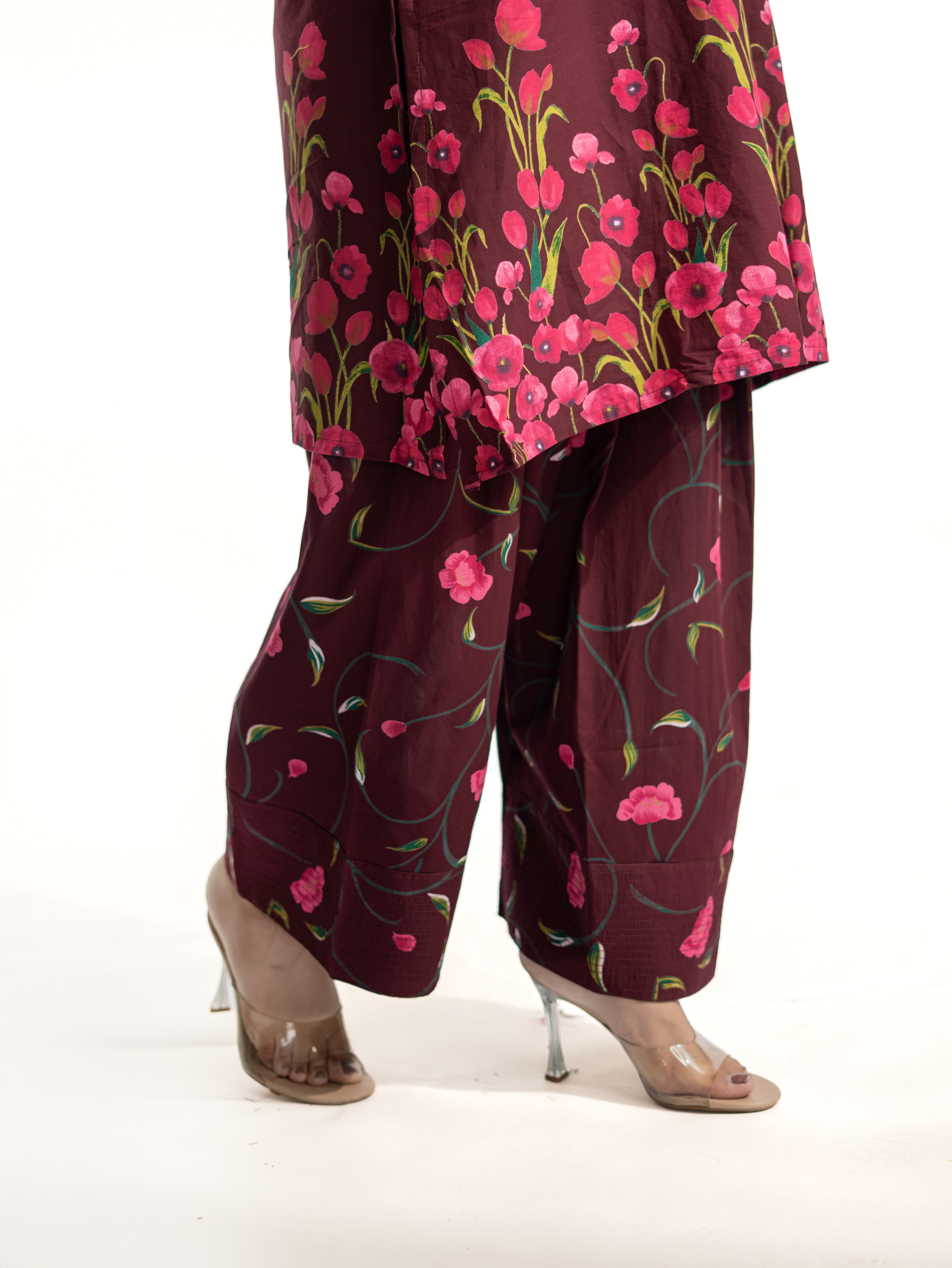 Gulnaar Wine Cotton Floral A-line Farshi Set