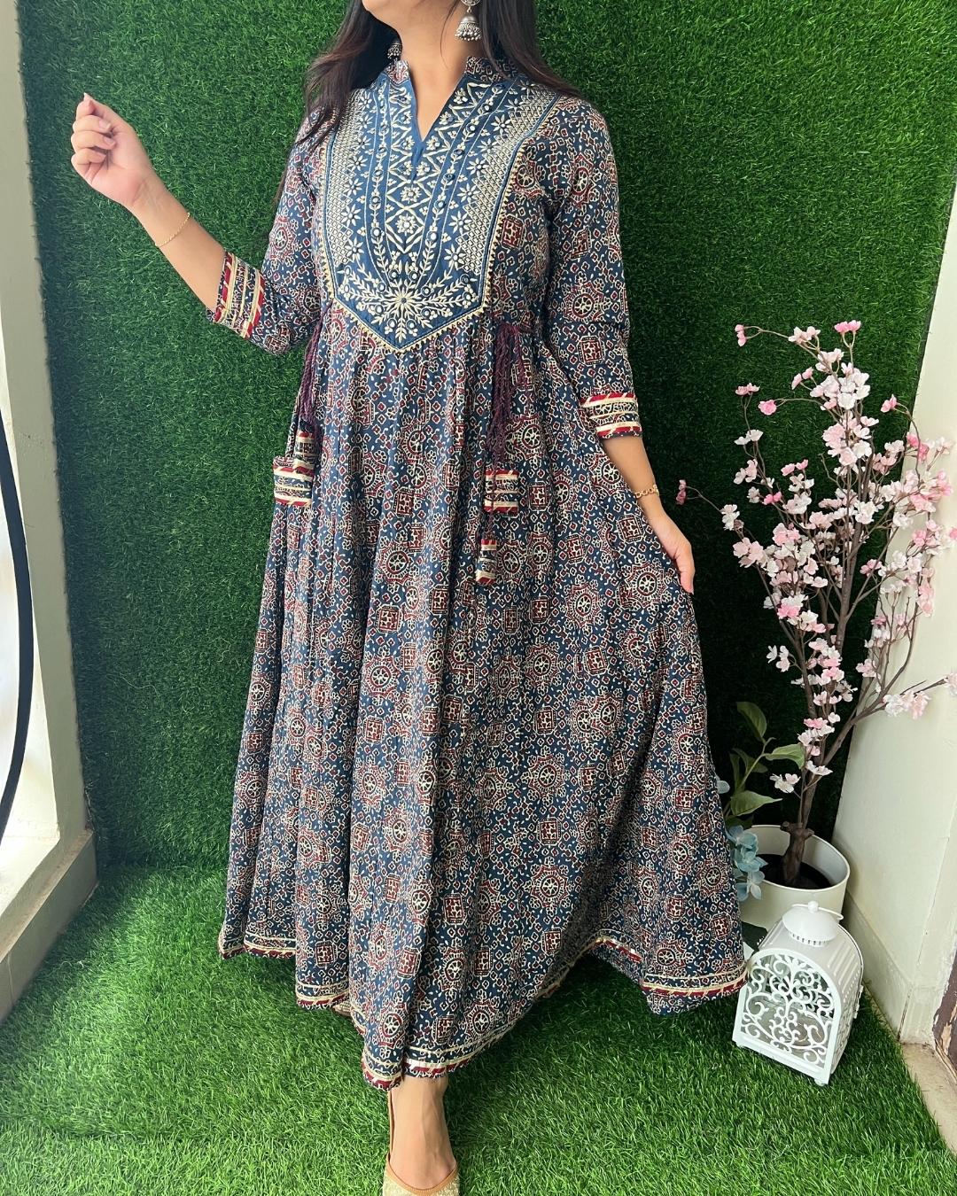 Traditional Ajrakh Cotton Long Dress Blue - The Jaipur Studio