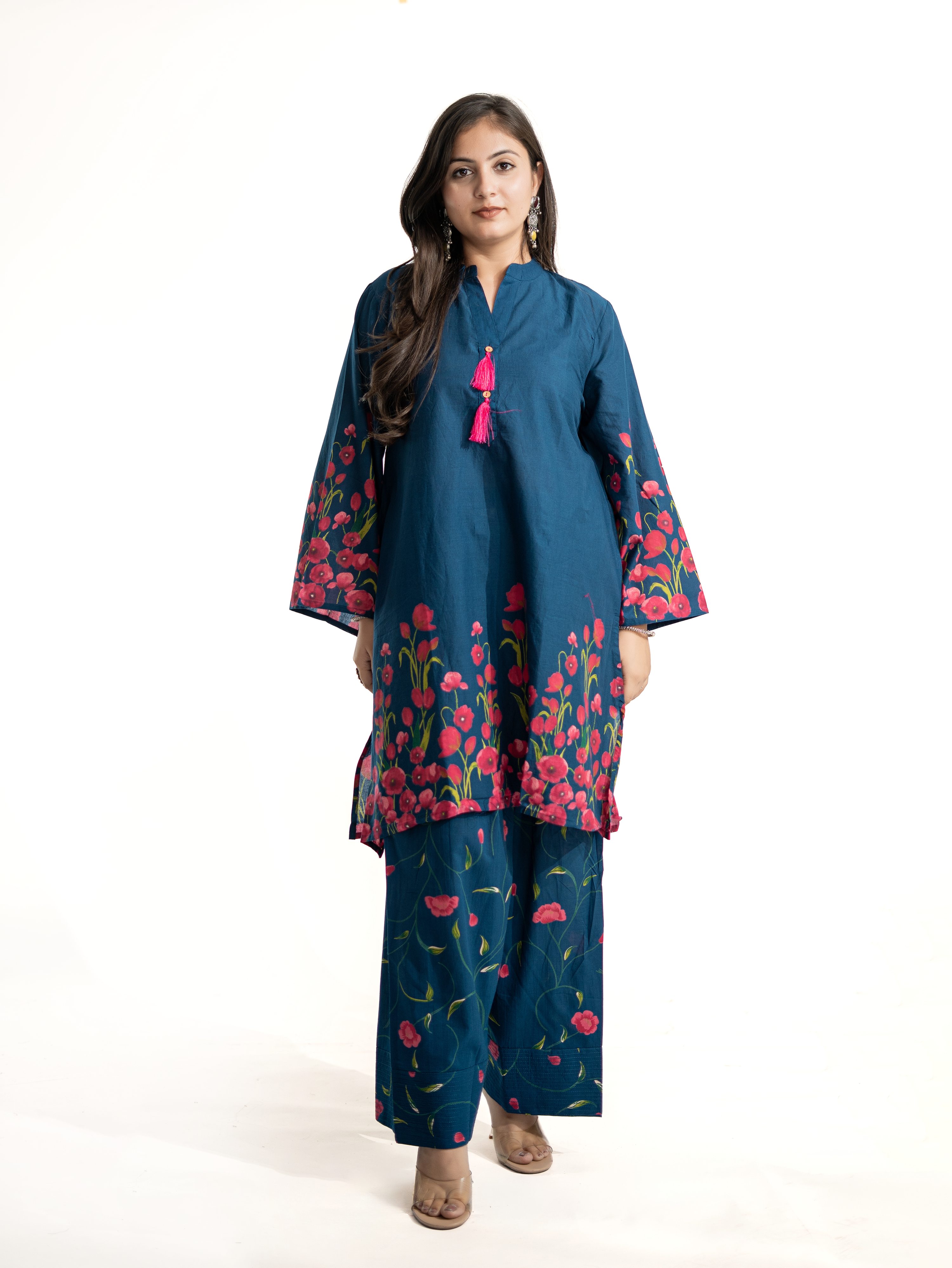 Gulnaar Blue Cotton Floral A-line Farshi Set