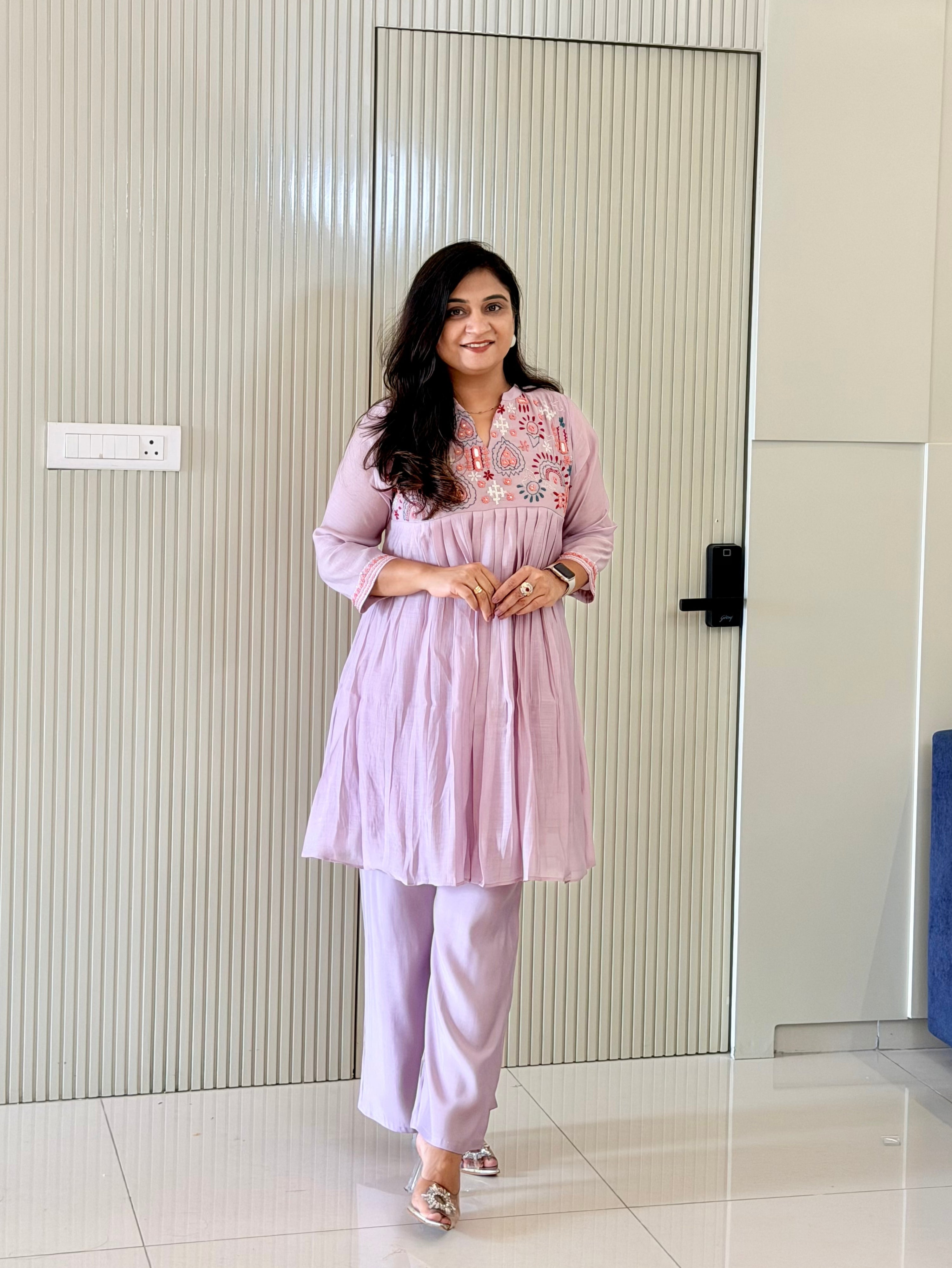 Reva Lilac Mul Chanderi Chikankari Embroidered Coord Set