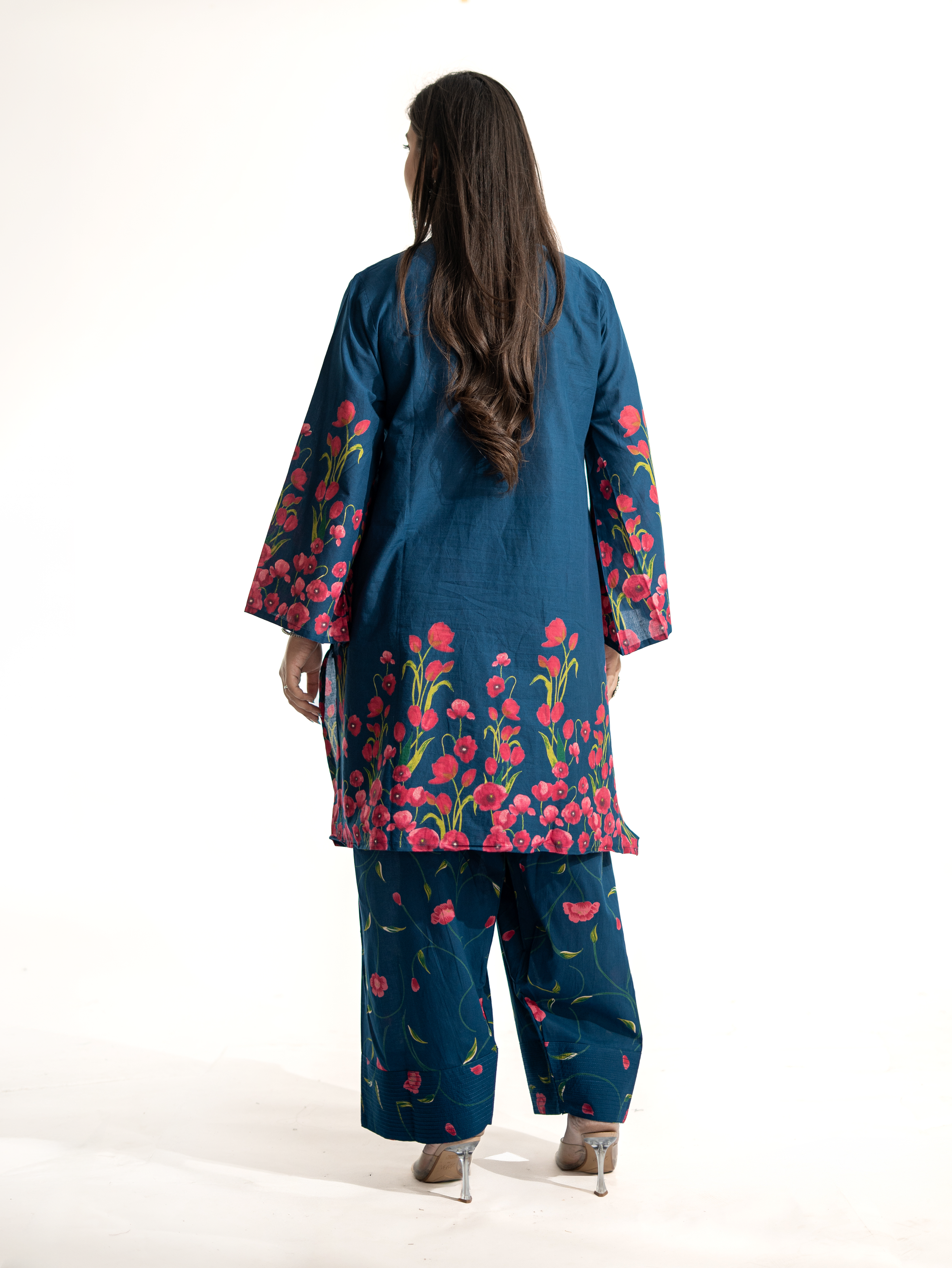 Gulnaar Blue Cotton Floral A-line Farshi Set
