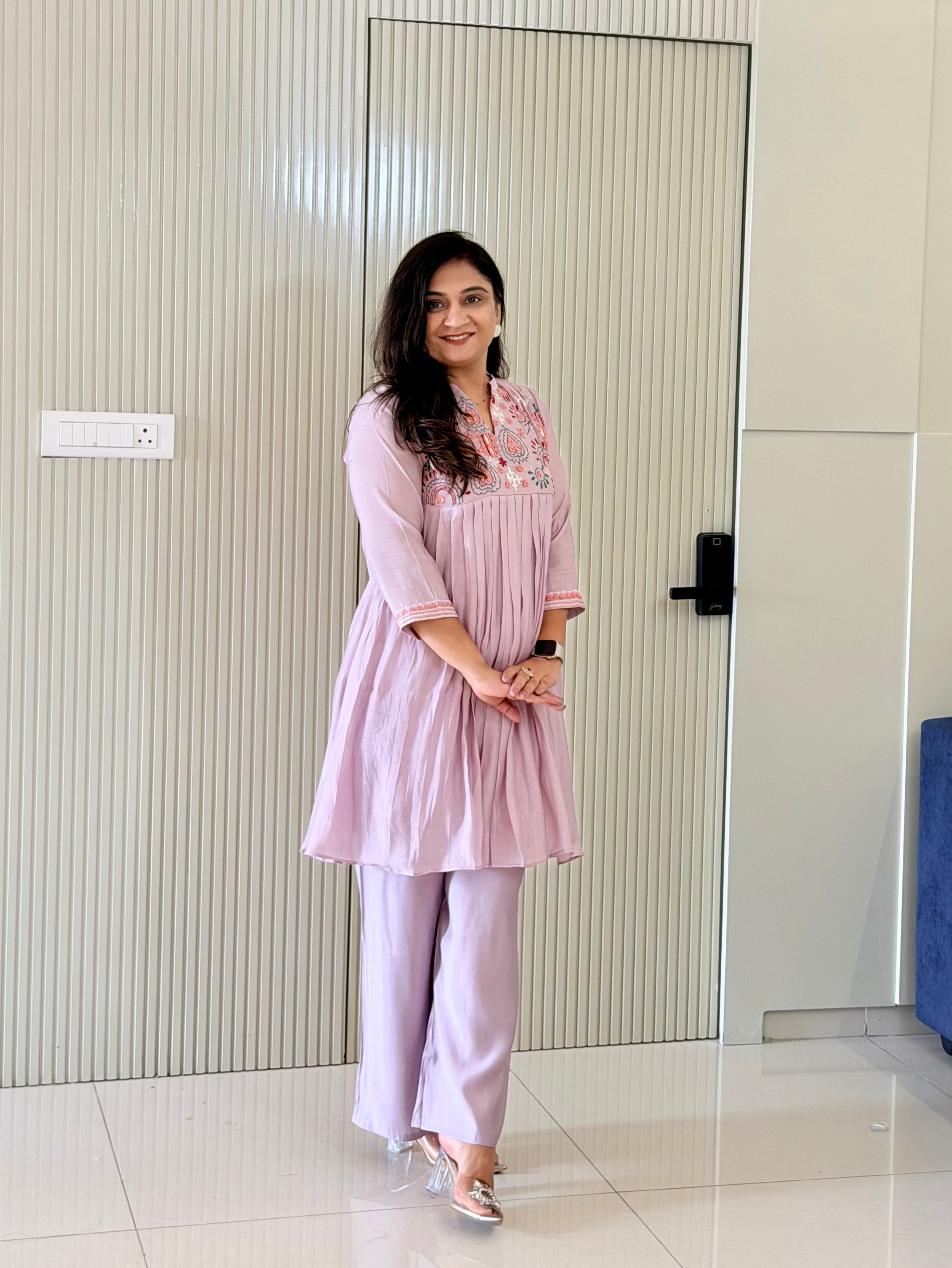 Reva Lilac Mul Chanderi Chikankari Embroidered Coord Set