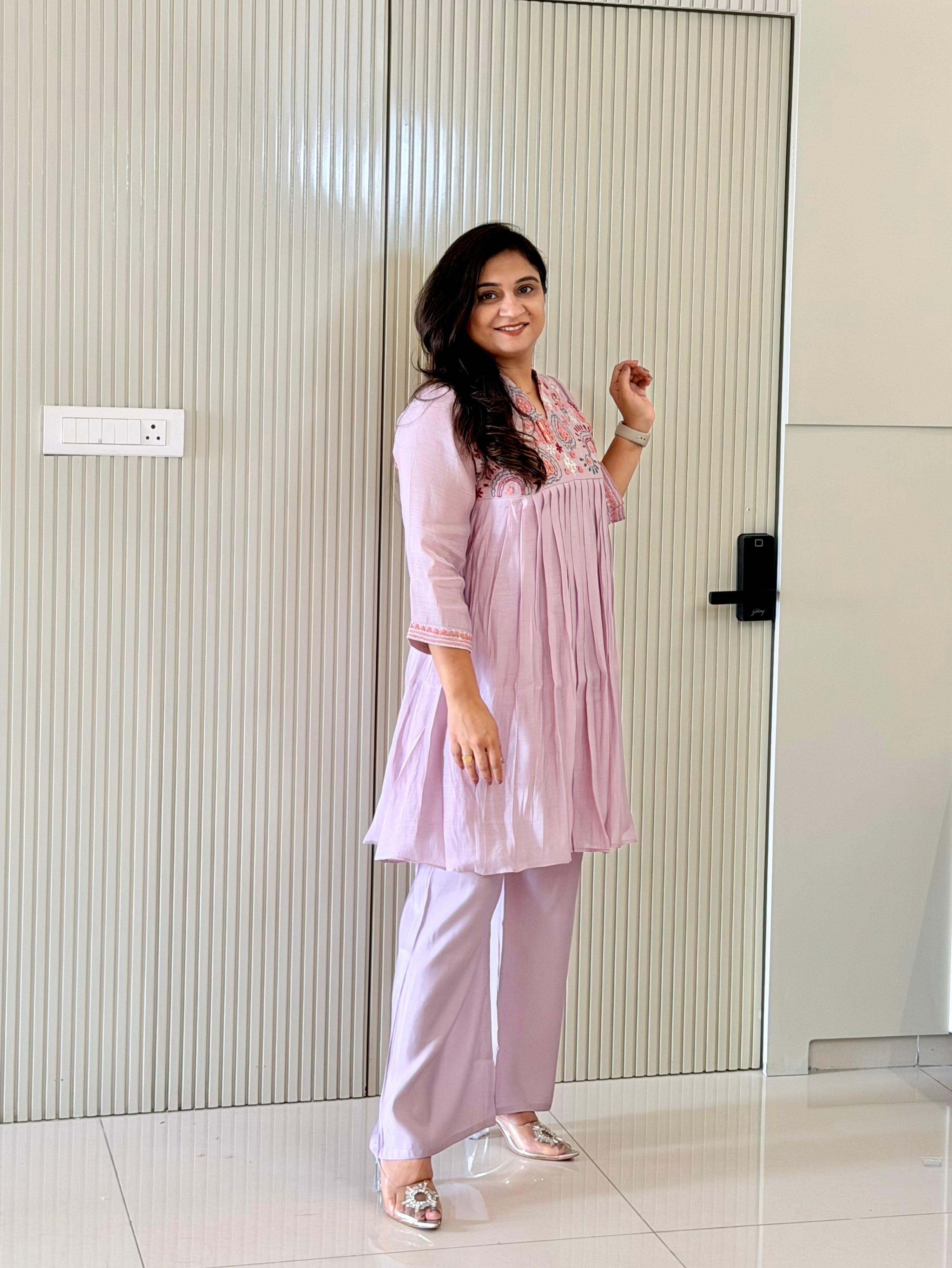 Reva Lilac Mul Chanderi Chikankari Embroidered Coord Set