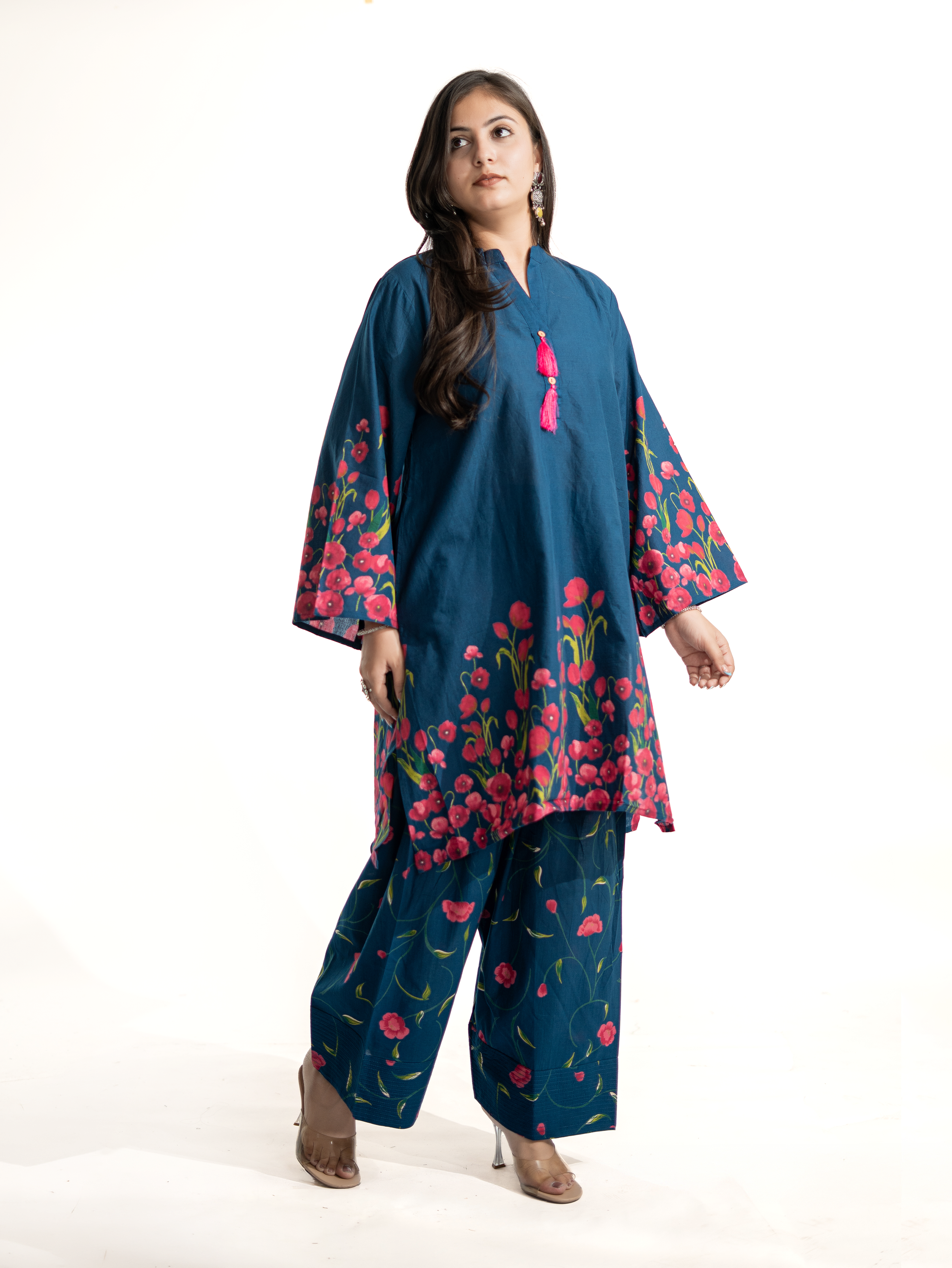 Gulnaar Blue Cotton Floral A-line Farshi Set
