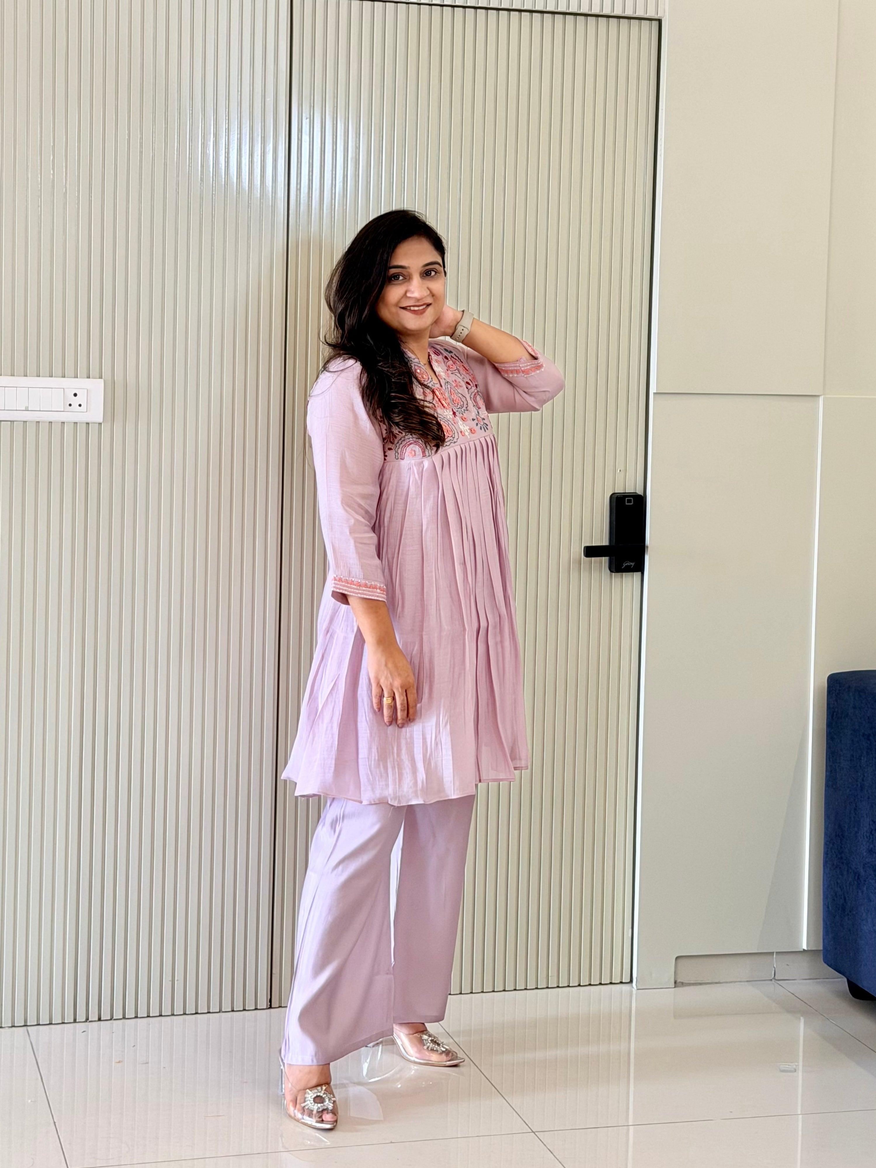 Reva Lilac Mul Chanderi Chikankari Embroidered Coord Set