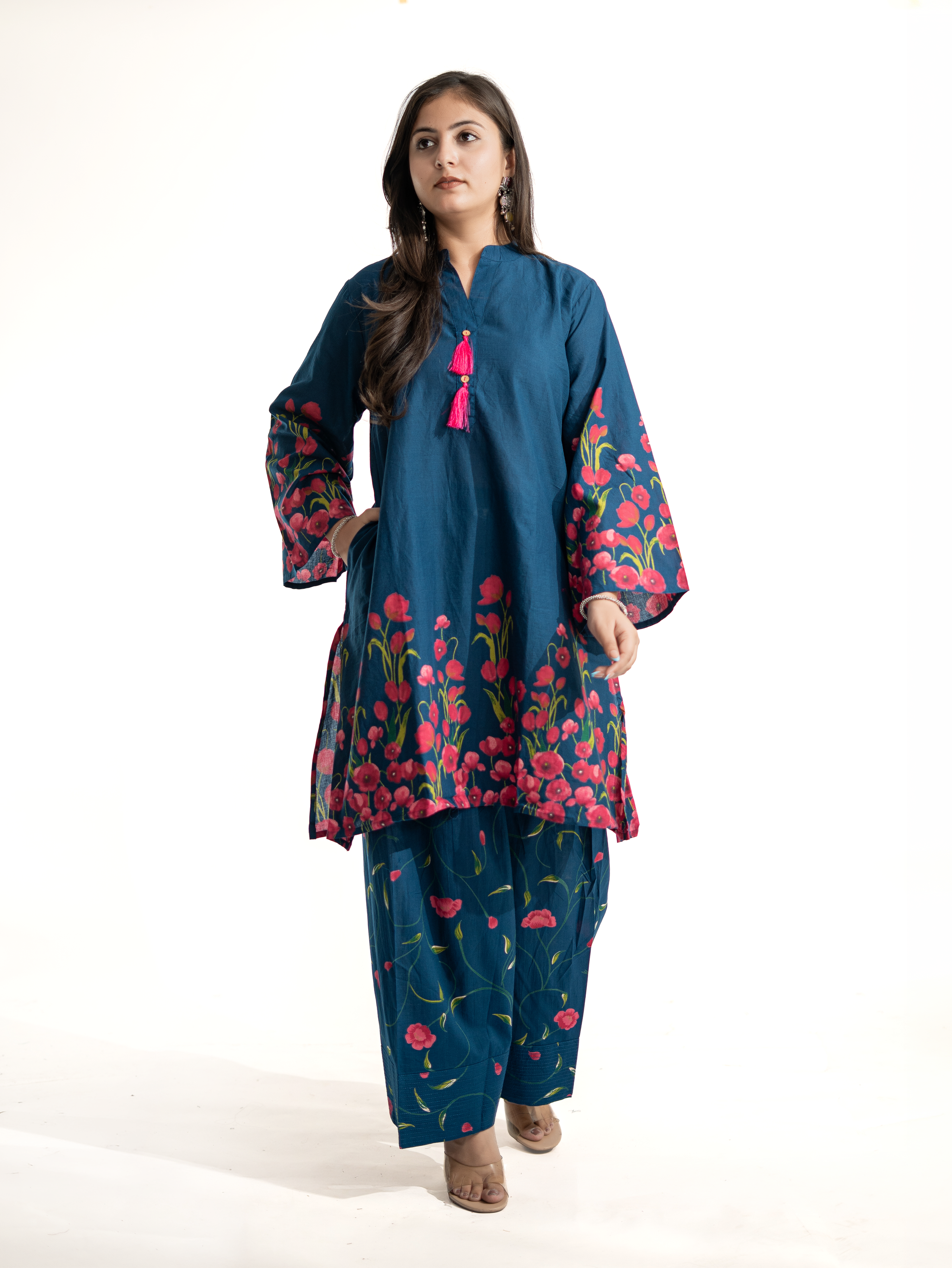 Gulnaar Blue Cotton Floral A-line Farshi Set