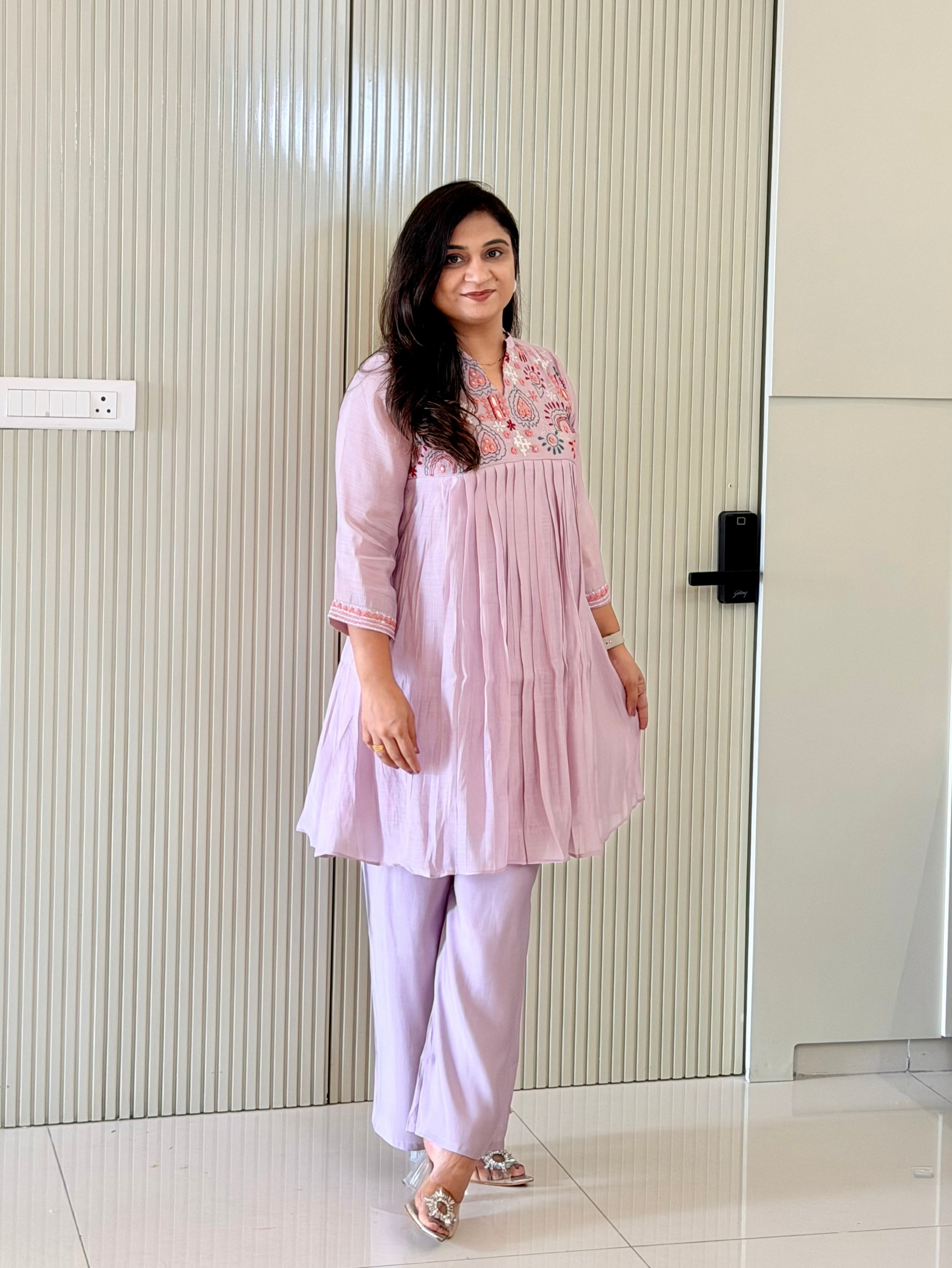 Reva Lilac Mul Chanderi Chikankari Embroidered Coord Set