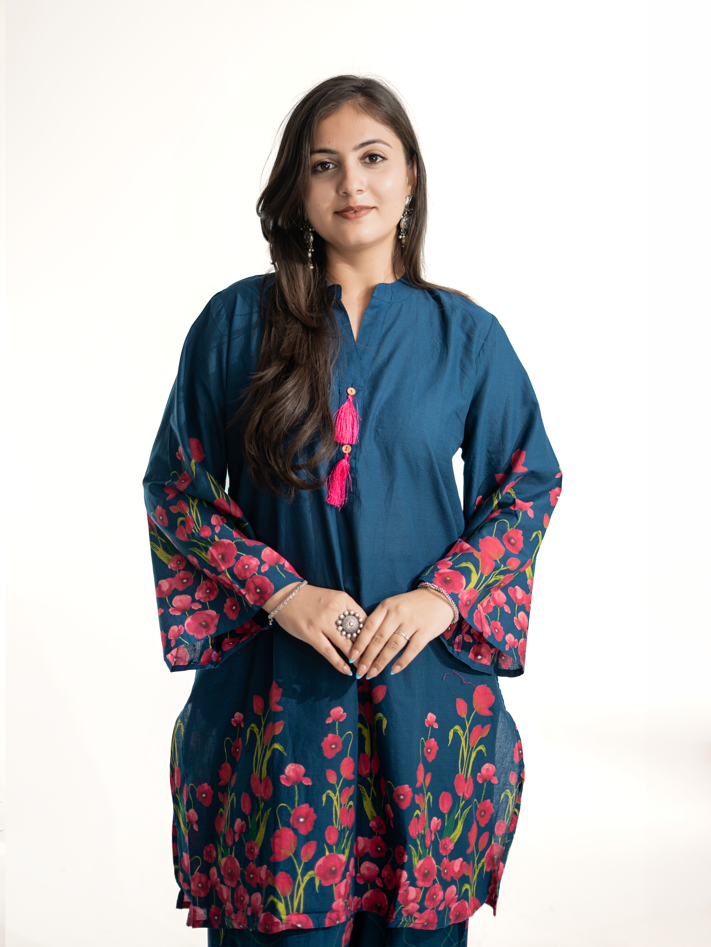 Gulnaar Blue Cotton Floral A-line Farshi Set