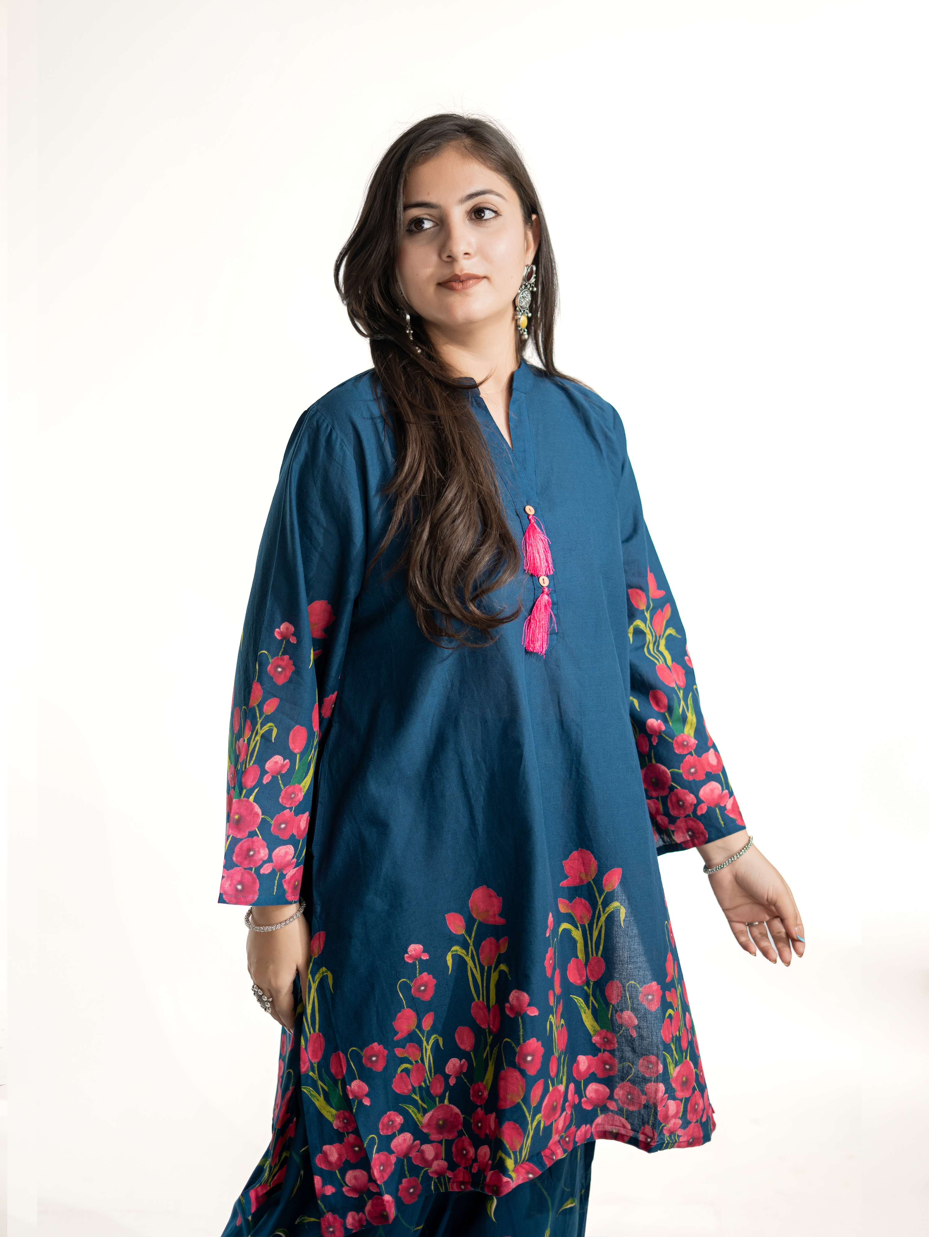 Gulnaar Blue Cotton Floral A-line Farshi Set