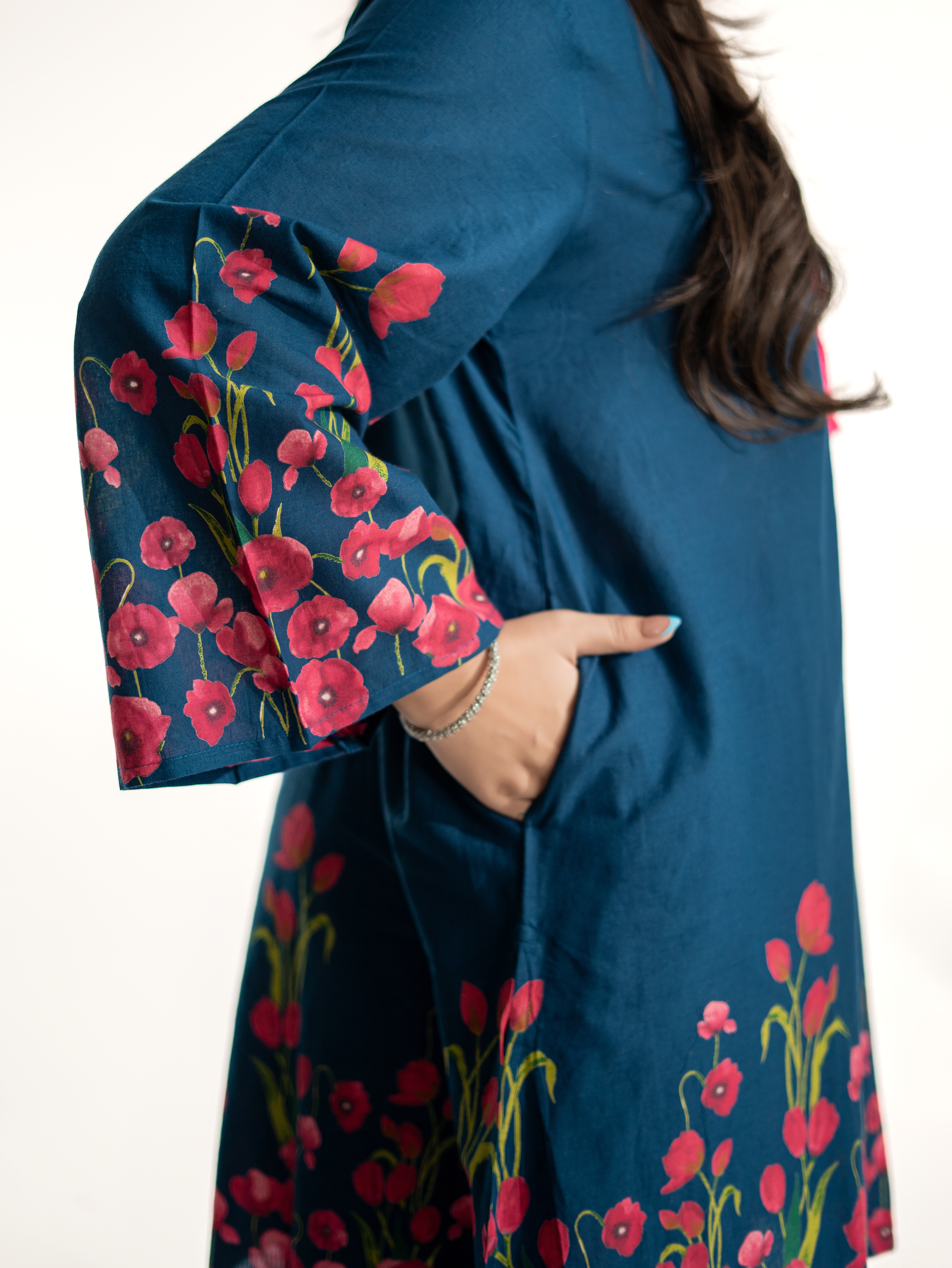 Gulnaar Blue Cotton Floral A-line Farshi Set
