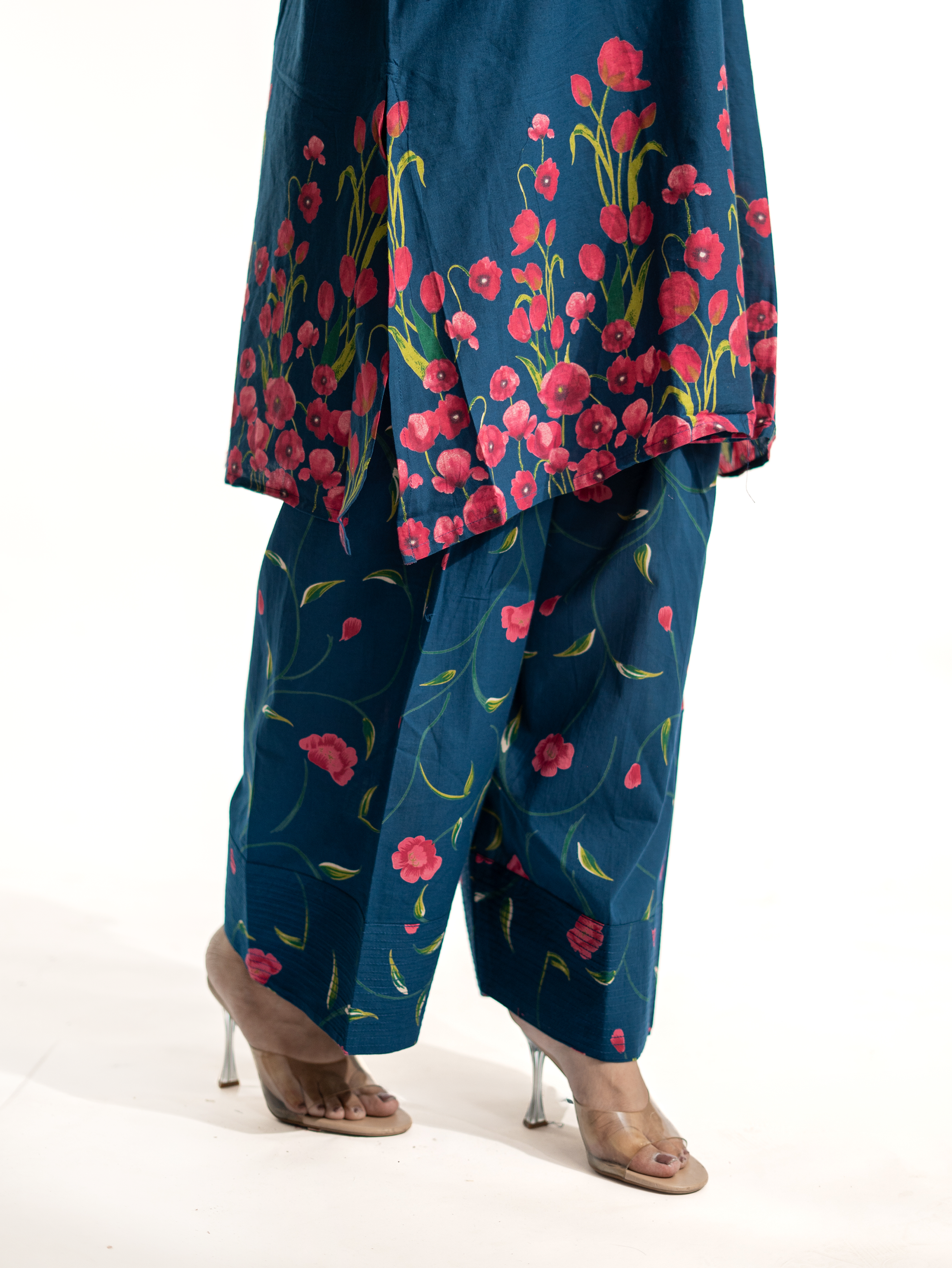 Gulnaar Blue Cotton Floral A-line Farshi Set