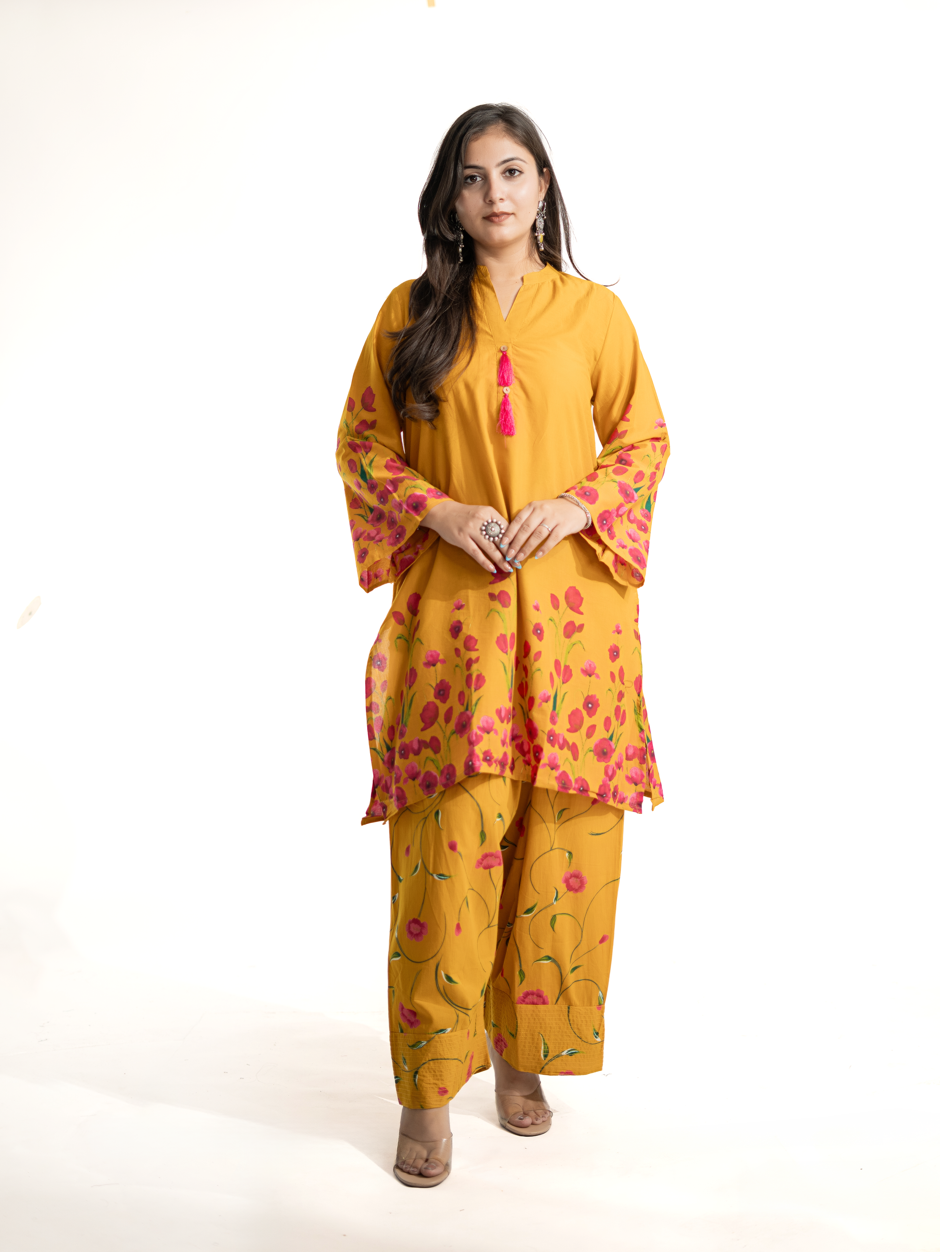 Gulnaar Mustard Cotton Floral A-line Farshi Set