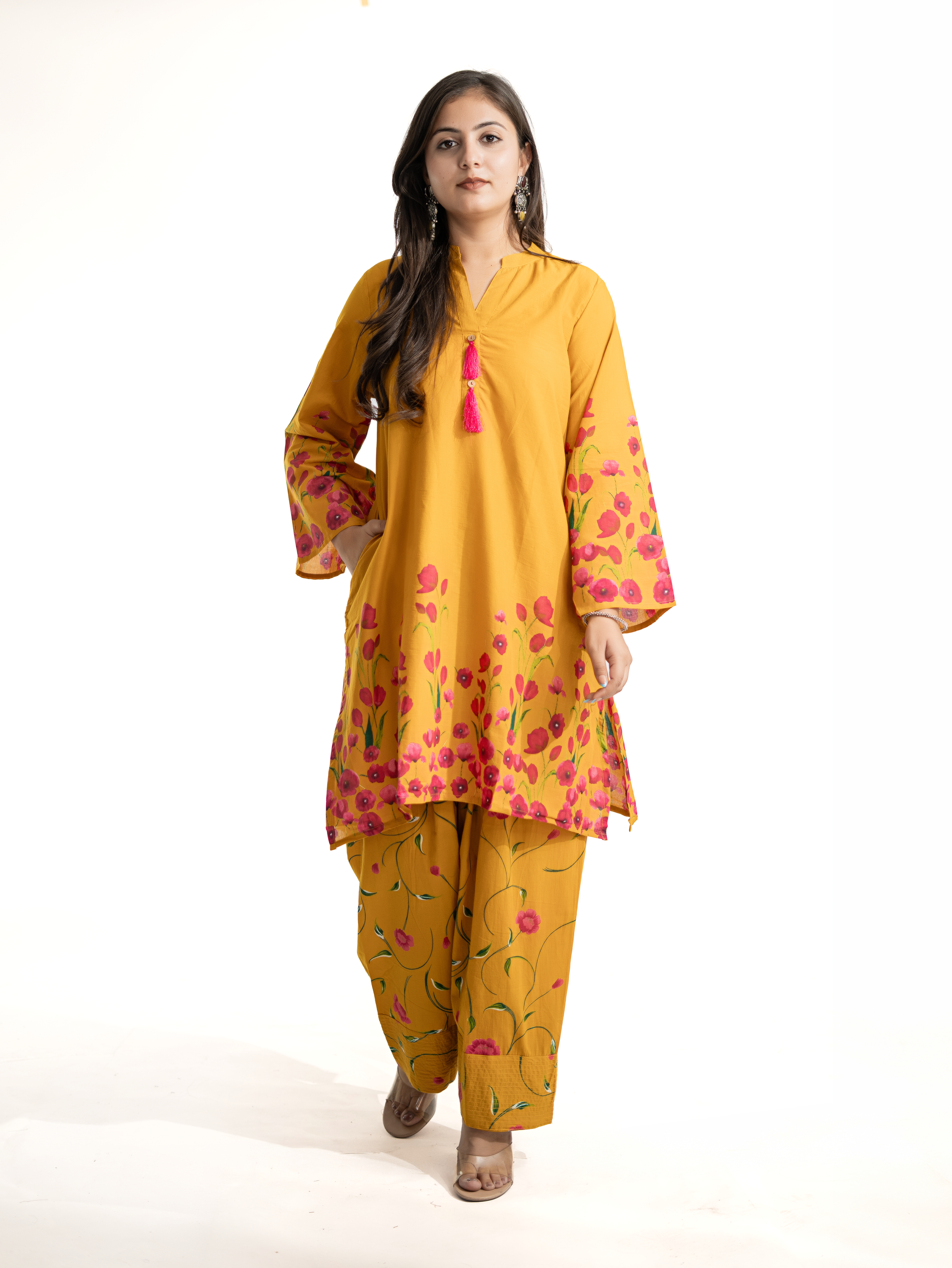 Gulnaar Mustard Cotton Floral A-line Farshi Set