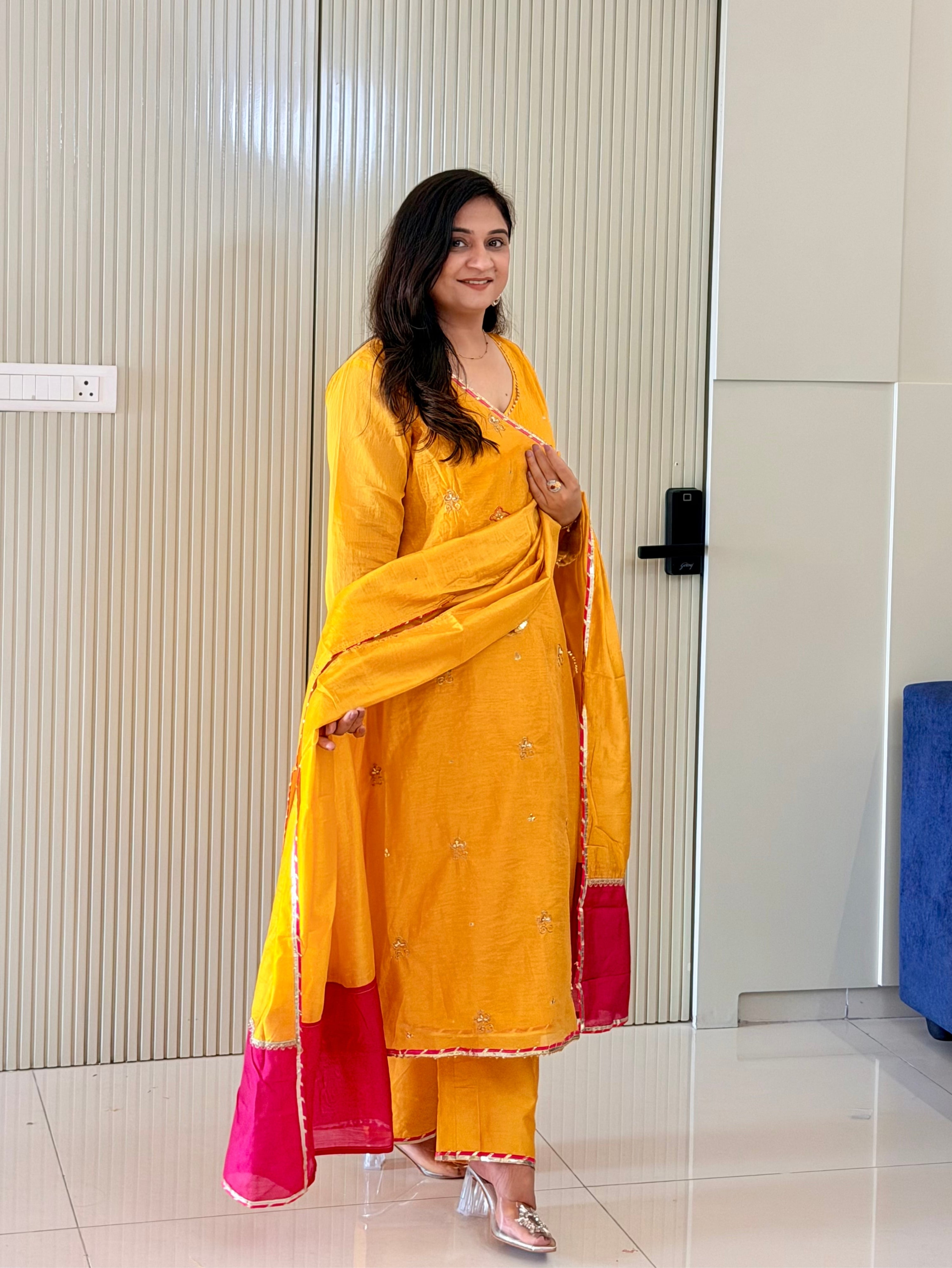 Sonalika Yellow Mul Chanderi Embroidered Angrakha Dupatta Set