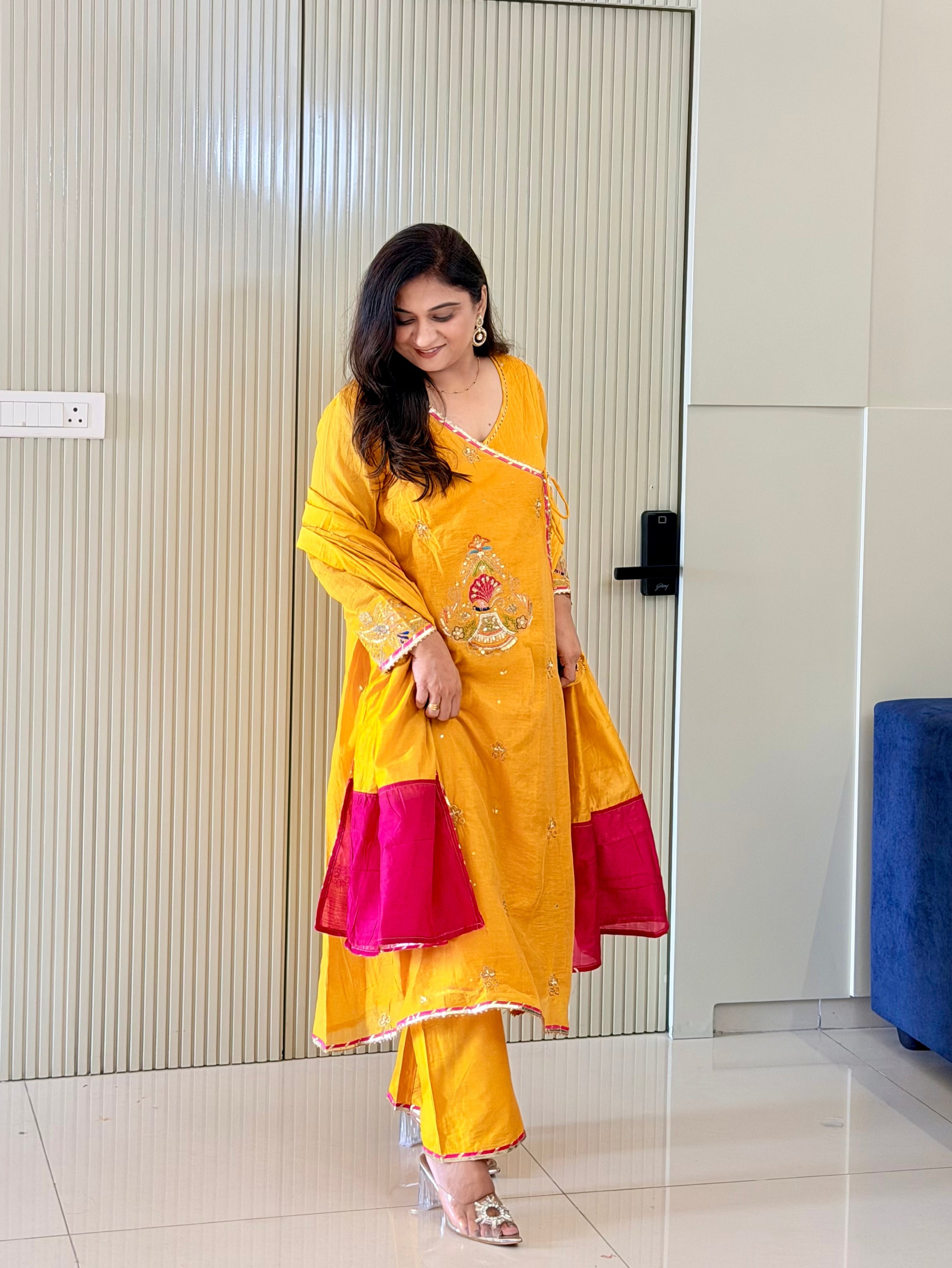 Sonalika Yellow Mul Chanderi Embroidered Angrakha Dupatta Set