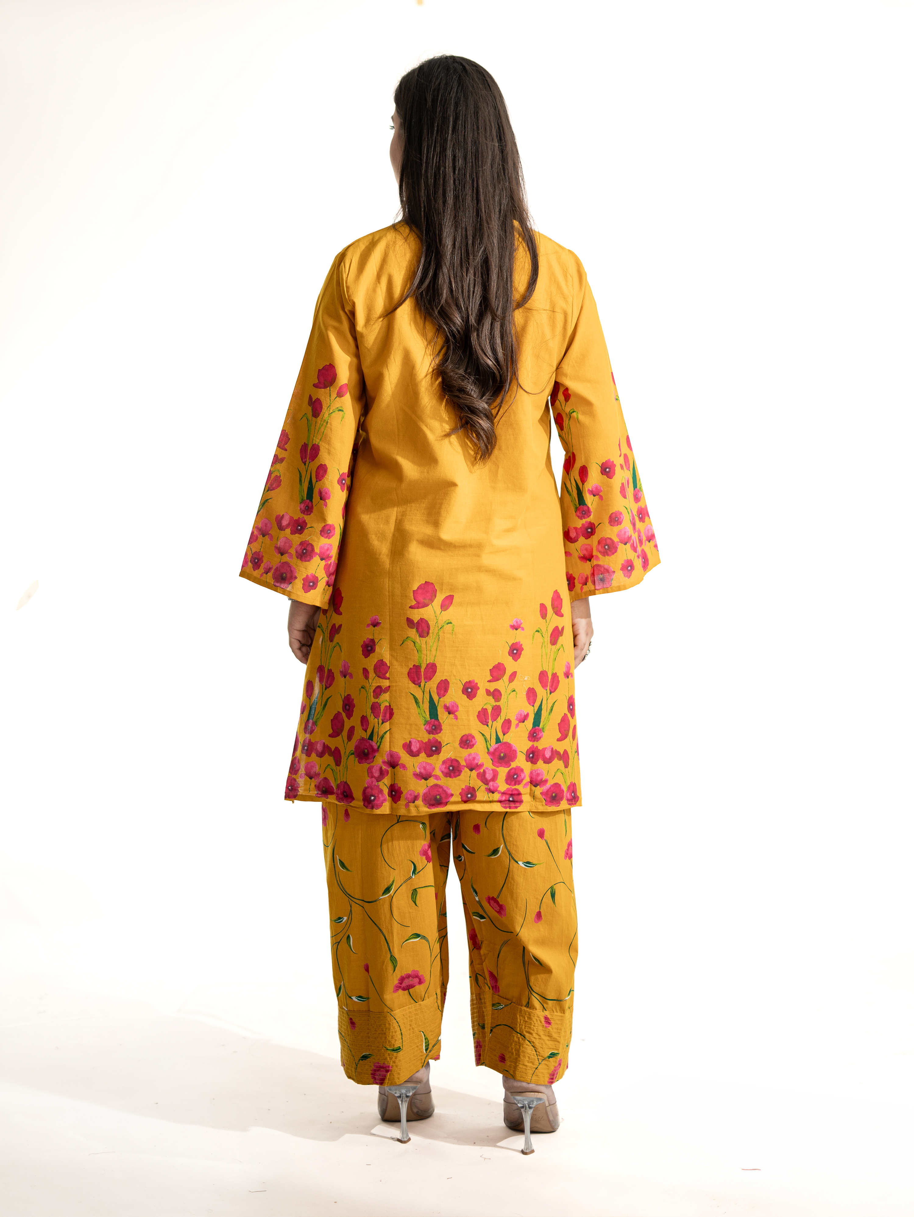 Gulnaar Mustard Cotton Floral A-line Farshi Set