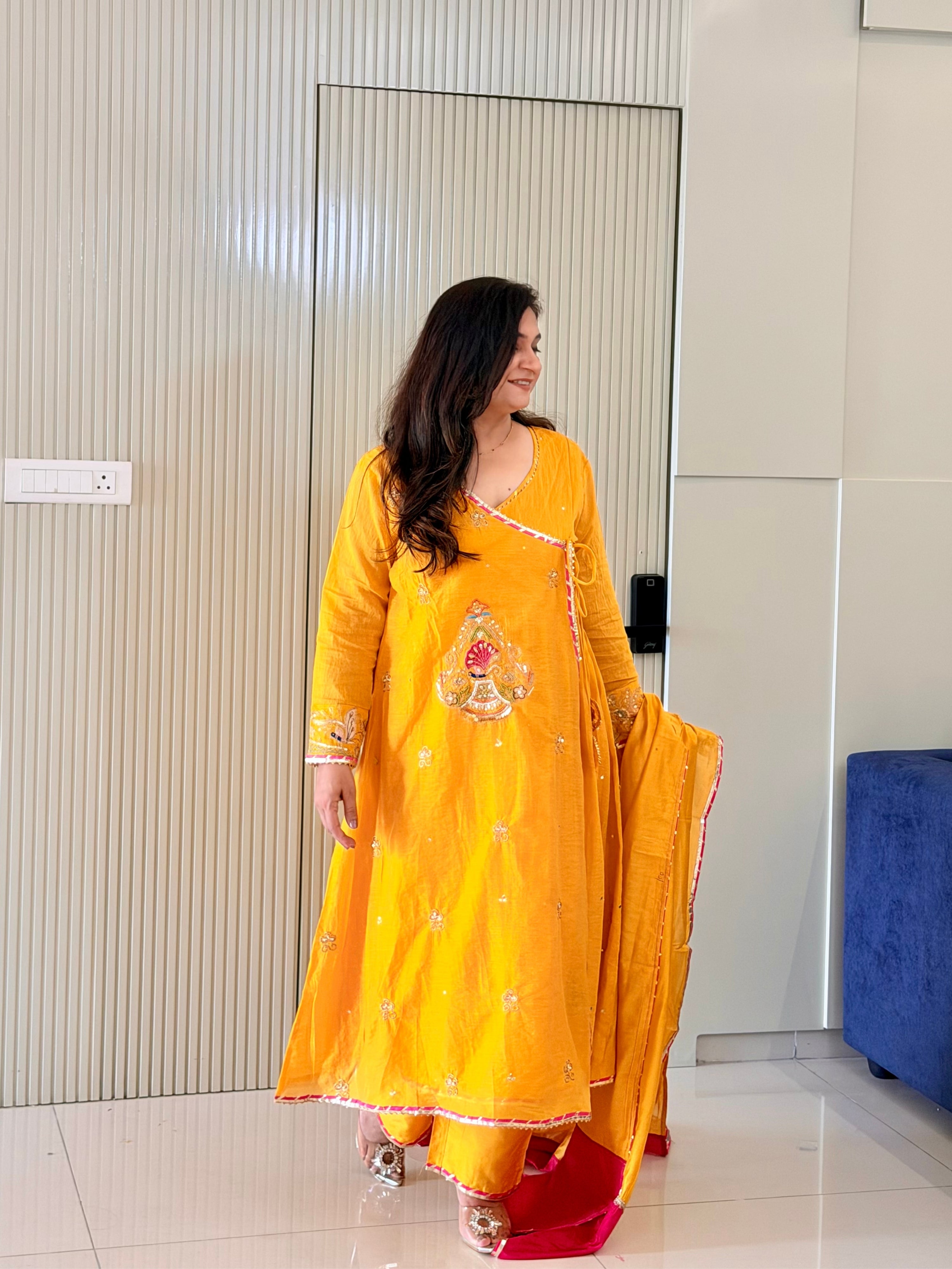 Sonalika Yellow Mul Chanderi Embroidered Angrakha Dupatta Set