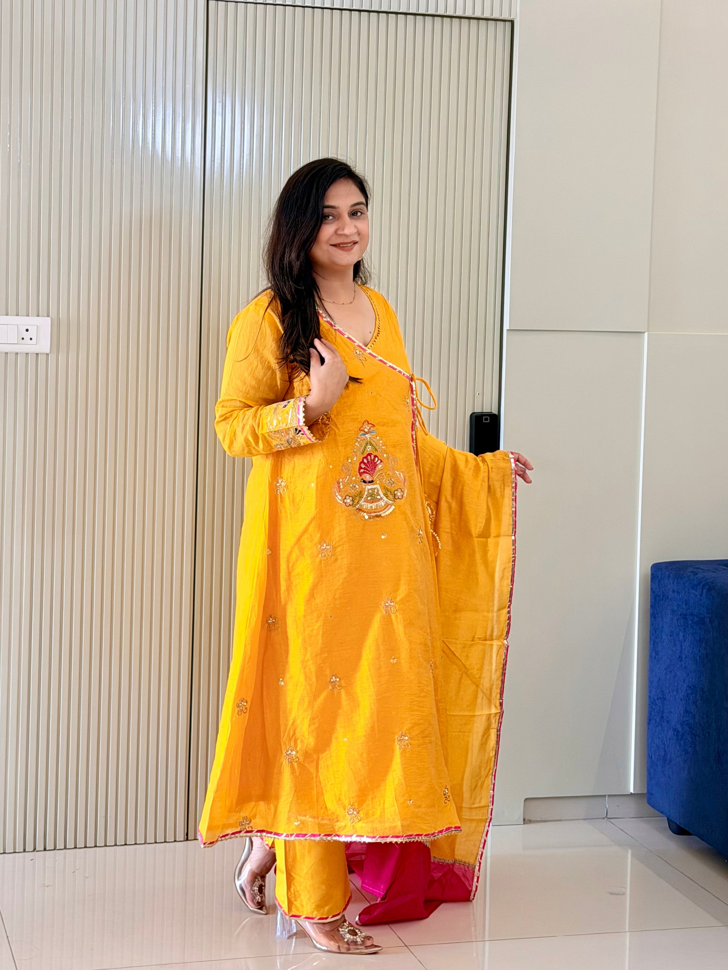 Sonalika Yellow Mul Chanderi Embroidered Angrakha Dupatta Set