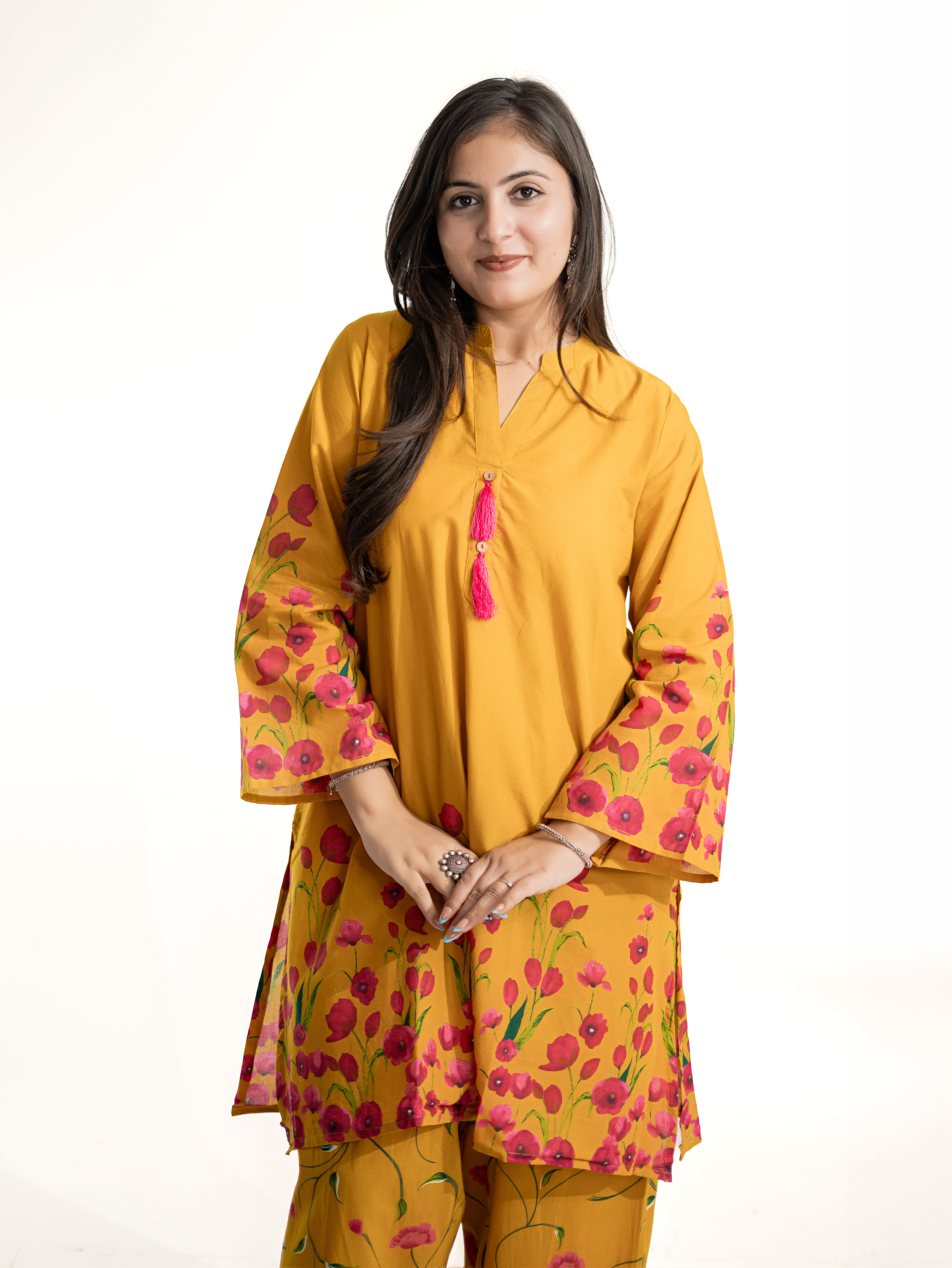 Gulnaar Mustard Cotton Floral A-line Farshi Set