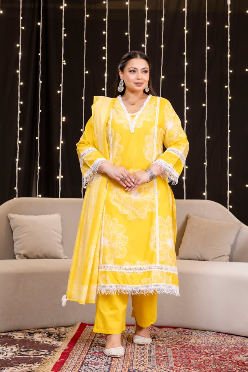 Tuba Yellow Cotton Lace Deatailed Straight Dupatta Set