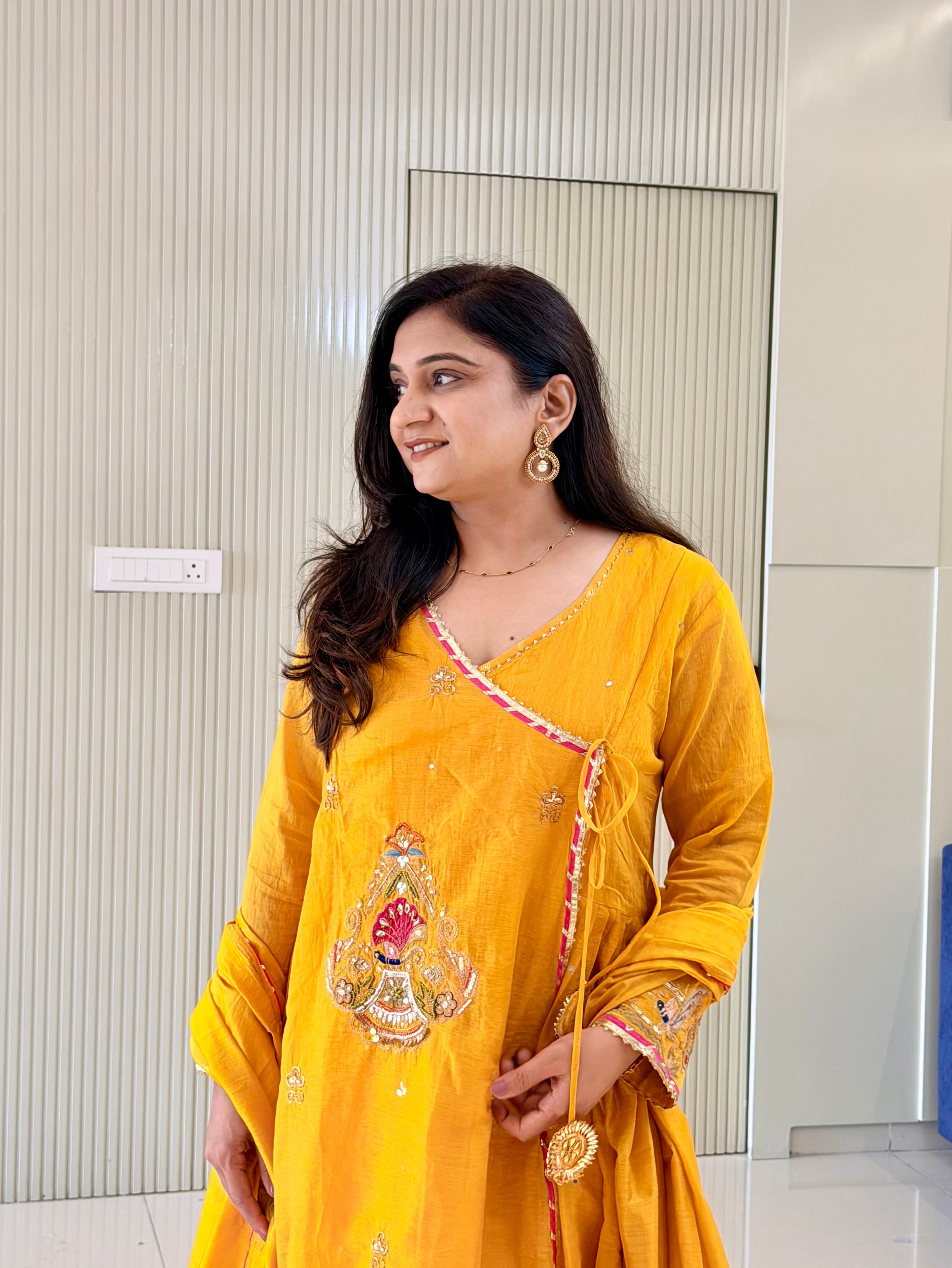 Sonalika Yellow Mul Chanderi Embroidered Angrakha Dupatta Set