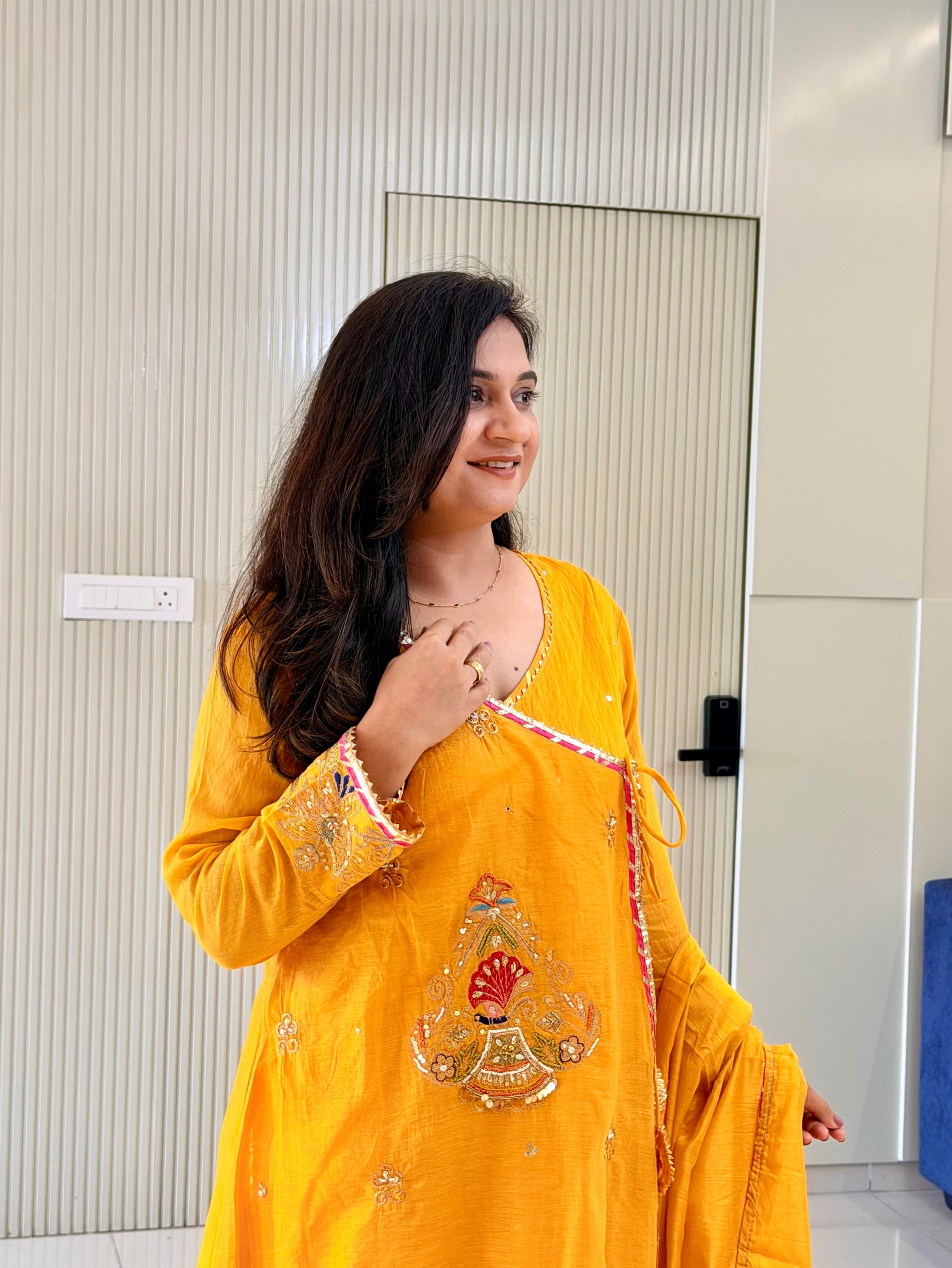 Sonalika Yellow Mul Chanderi Embroidered Angrakha Dupatta Set