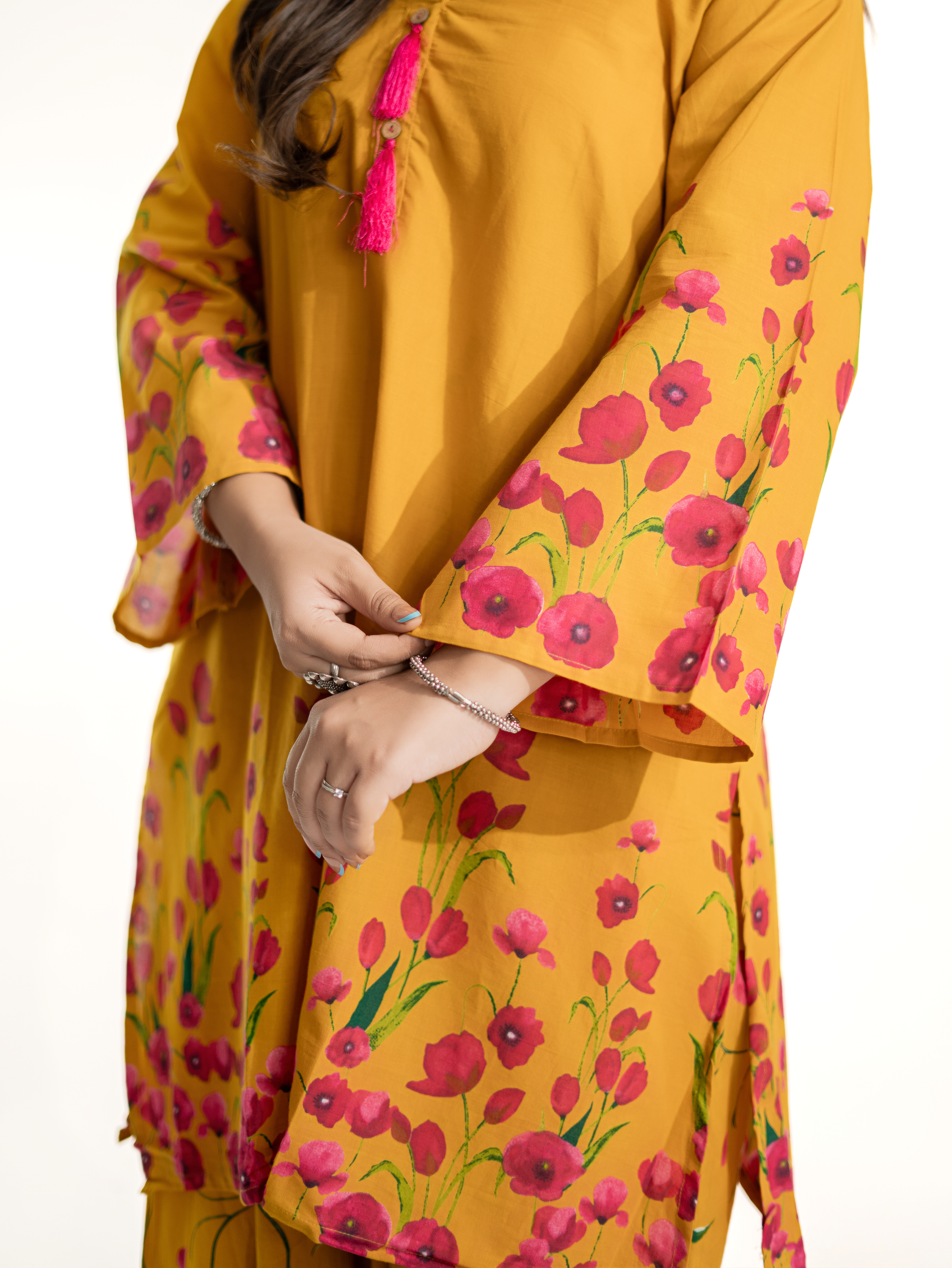 Gulnaar Mustard Cotton Floral A-line Farshi Set