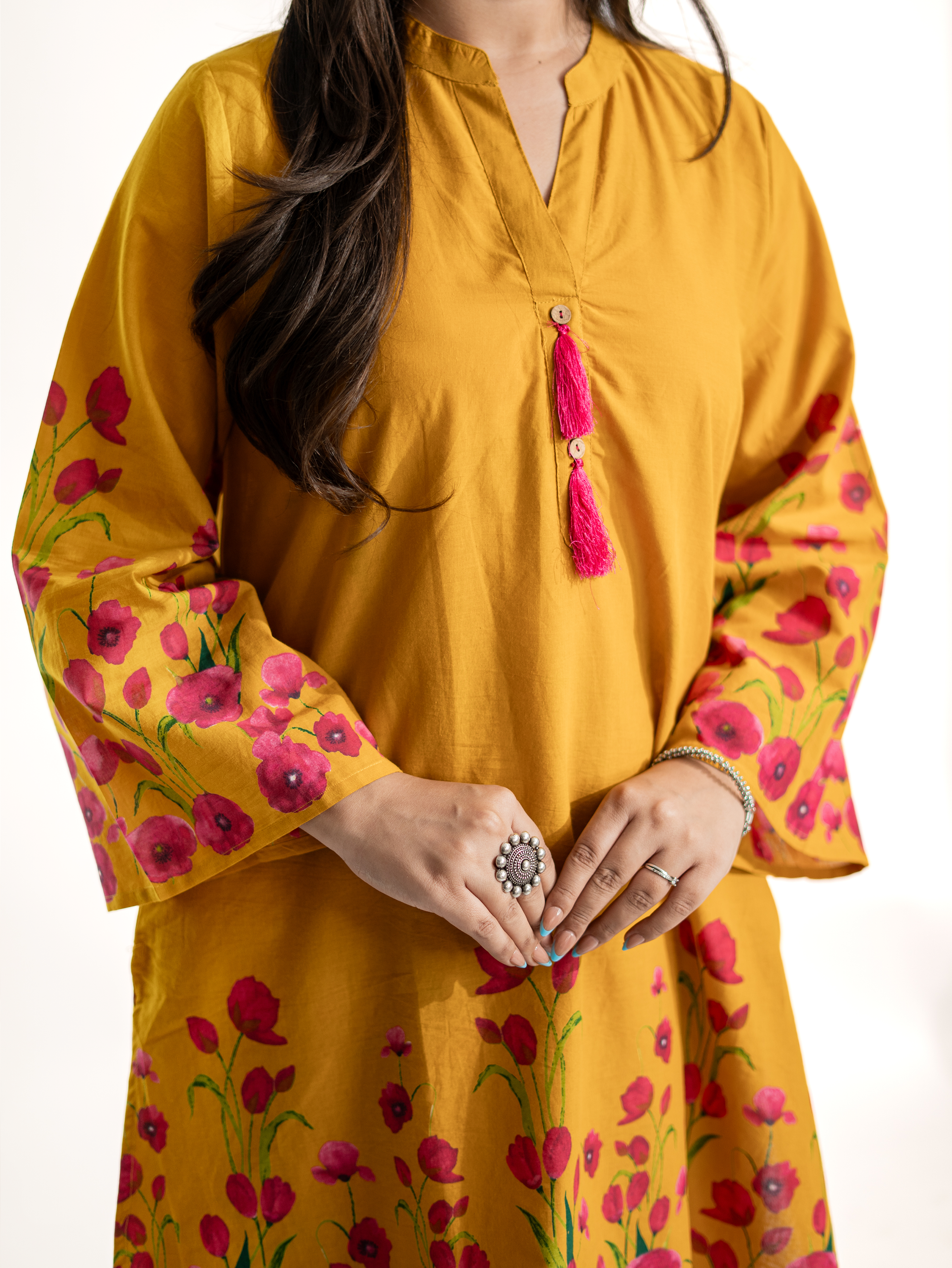 Gulnaar Mustard Cotton Floral A-line Farshi Set
