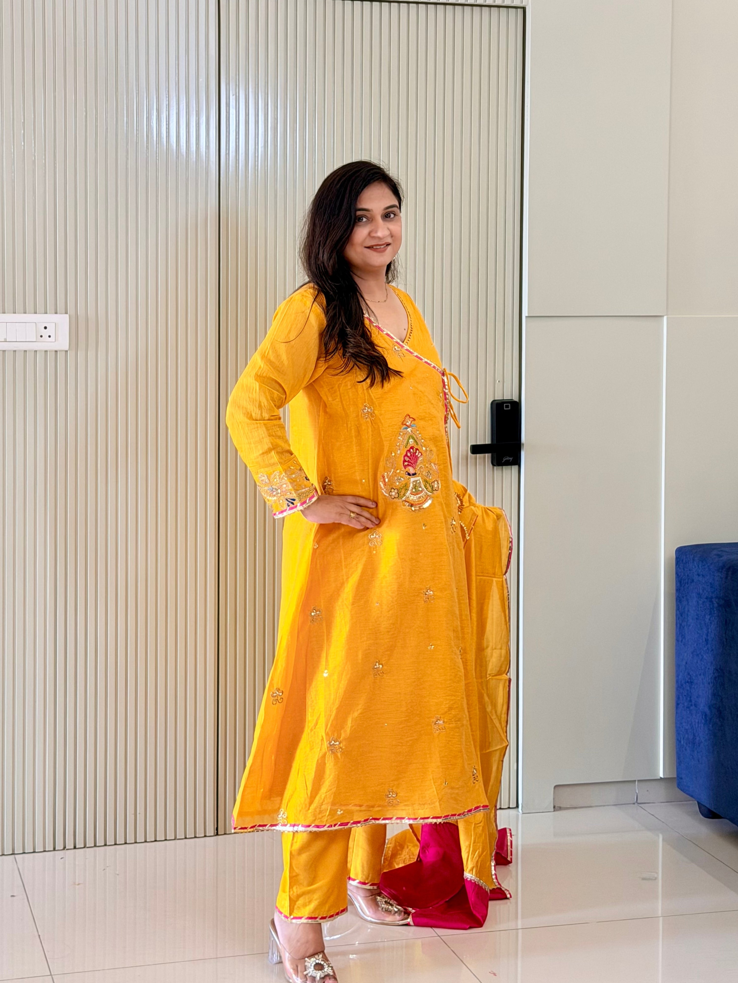 Sonalika Yellow Mul Chanderi Embroidered Angrakha Dupatta Set