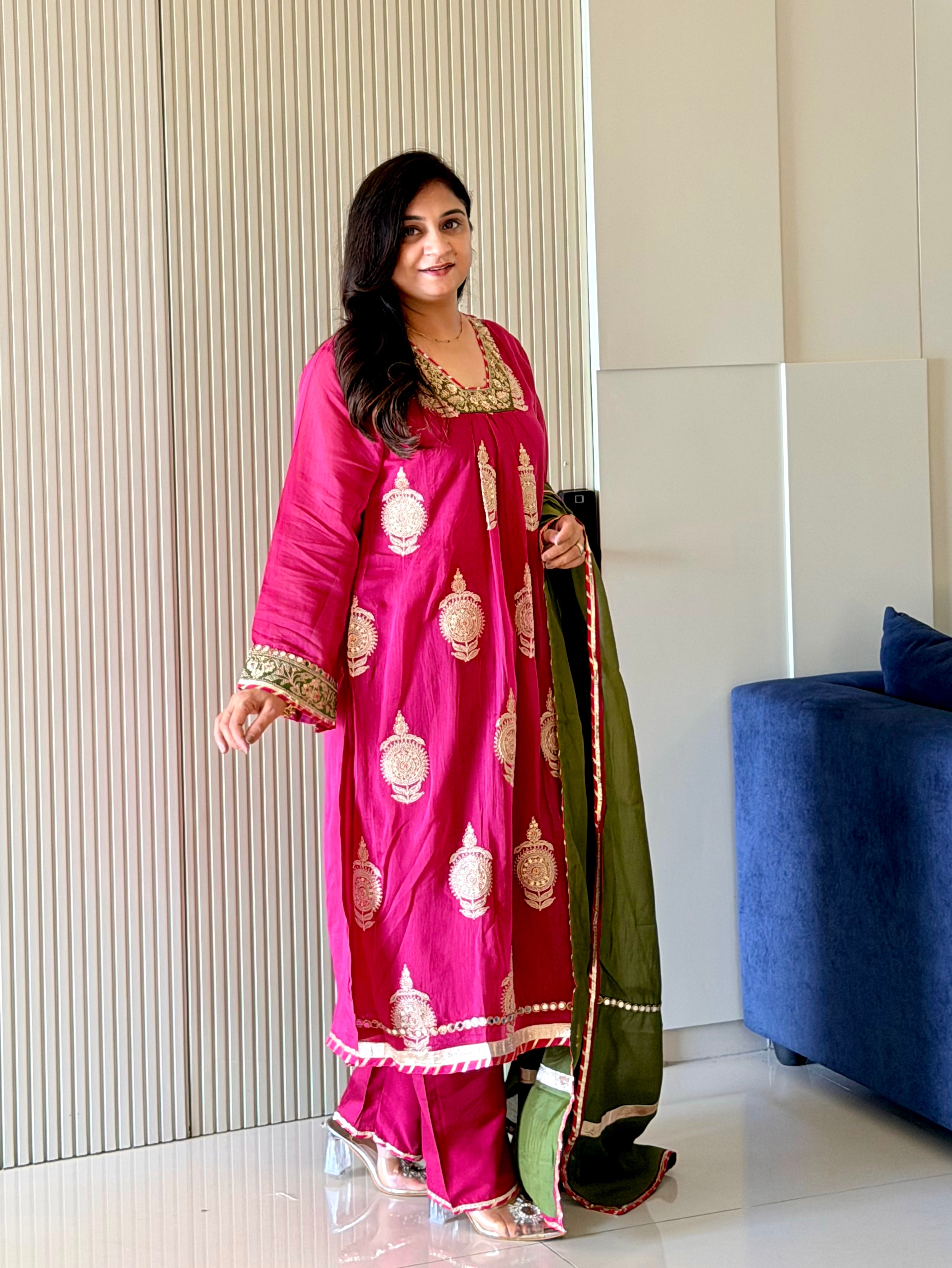 Suhani Pink Mul Chanderi Embroidered A-line Dupatta Set