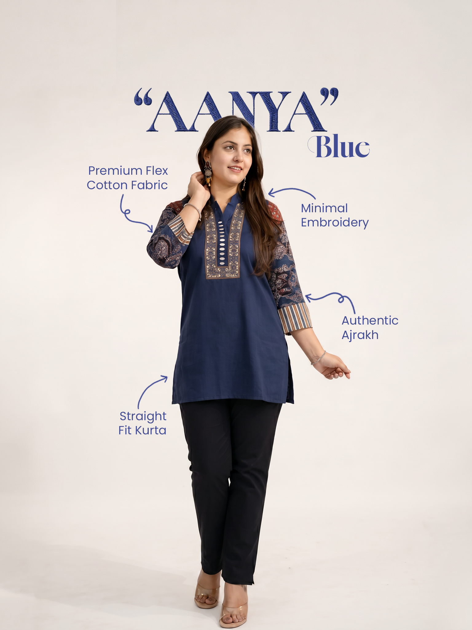 Aanya Blue Cotton Ajrakh Emboidered Short Top