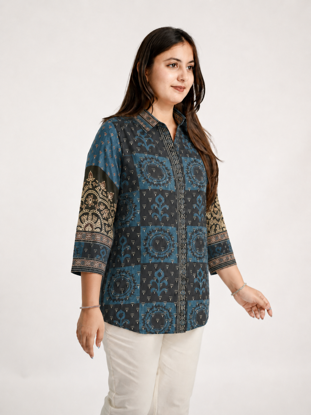 Vaidehi Blue Crepe Ajrakh Printed Shirt
