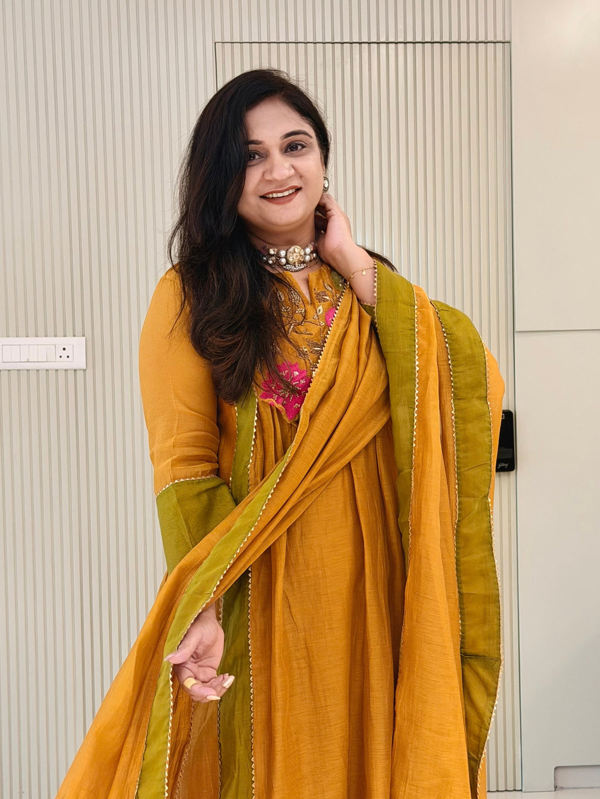 Sejal Yellow Mul Chanderi HandEmbroidered A-line Dupatta Set