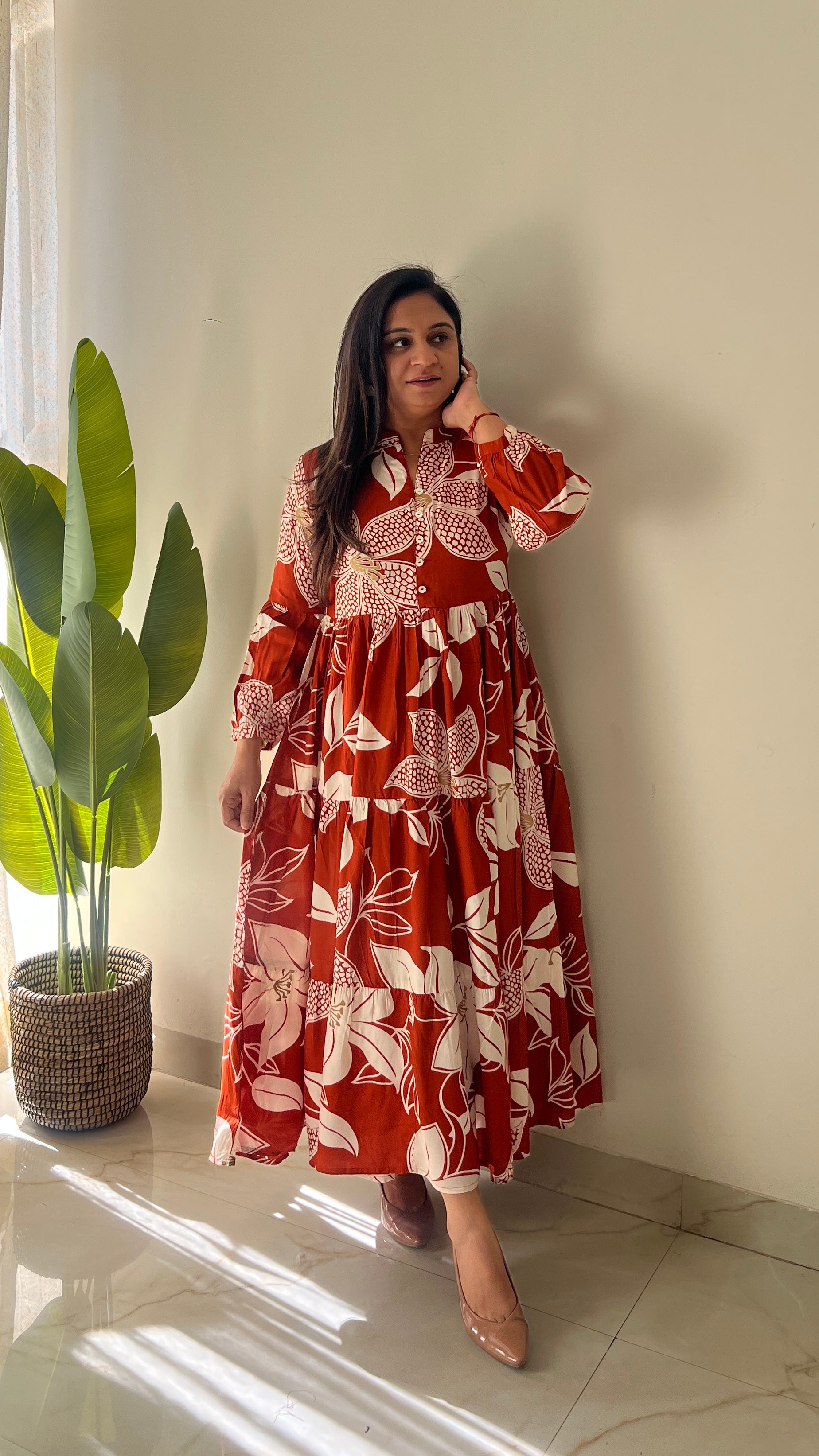 Sarfa Rust Crystal Muslin Casual Long Dress