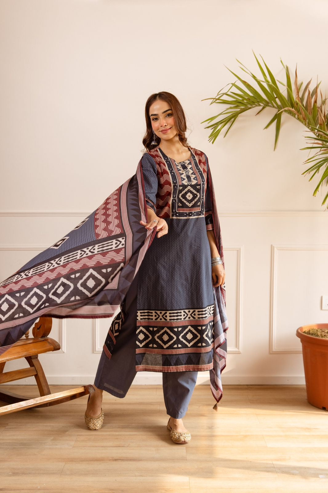 Gehna Blue Cotton Casual Embroidered Dupatta Set
