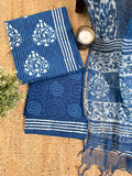 Neel indigo Handblock Unstitched Suit Set