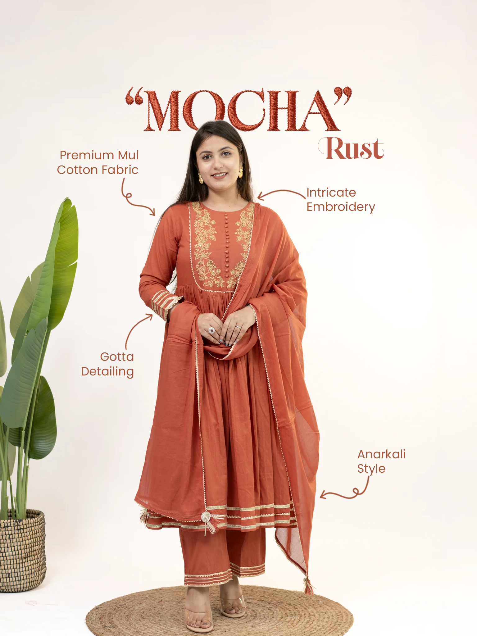 Aarya Rust Mul Cotton Embroidered Gotta Detailed Dupatta Set