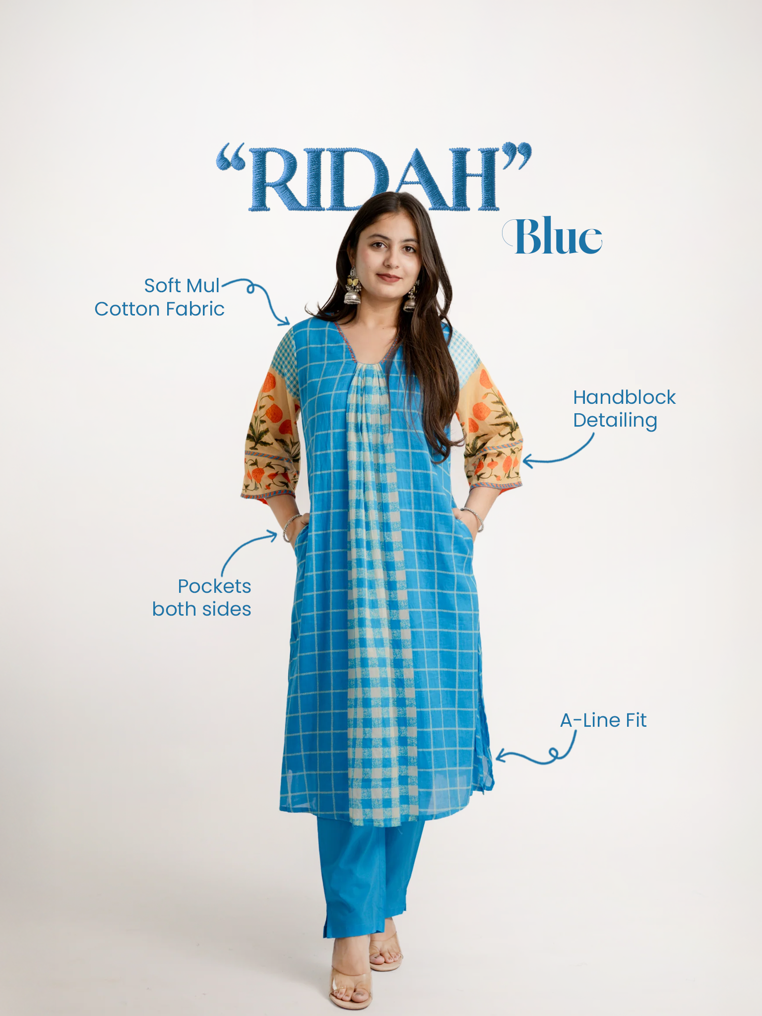 Ridah Blue Mul Cotton Embroidered A-line Kurta Set