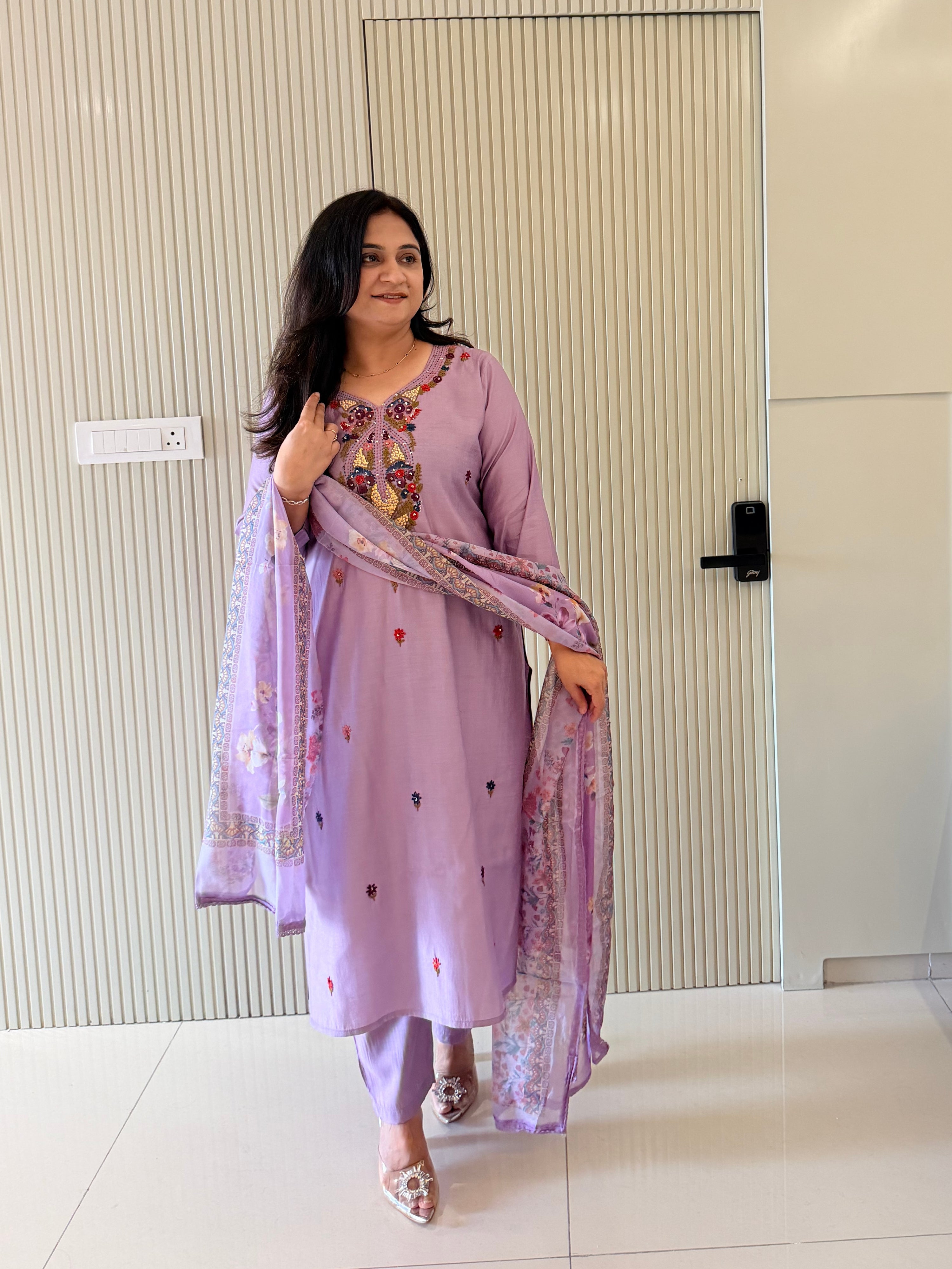 Rubina Lilac Modal Silk HandEmbroidered Dupatta Set