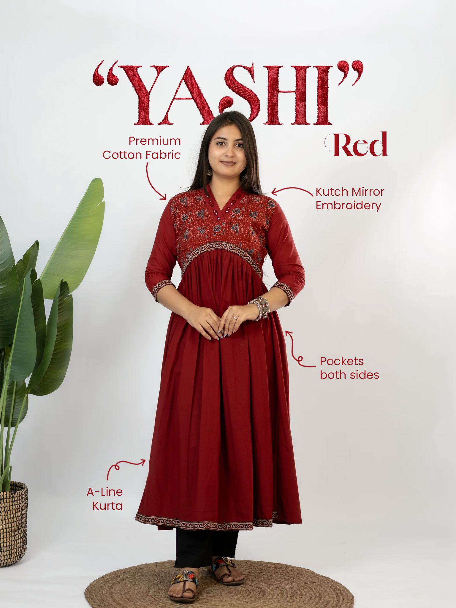 Yashi Red Cotton Alia Ajrakh Embroidered A-line Kurta