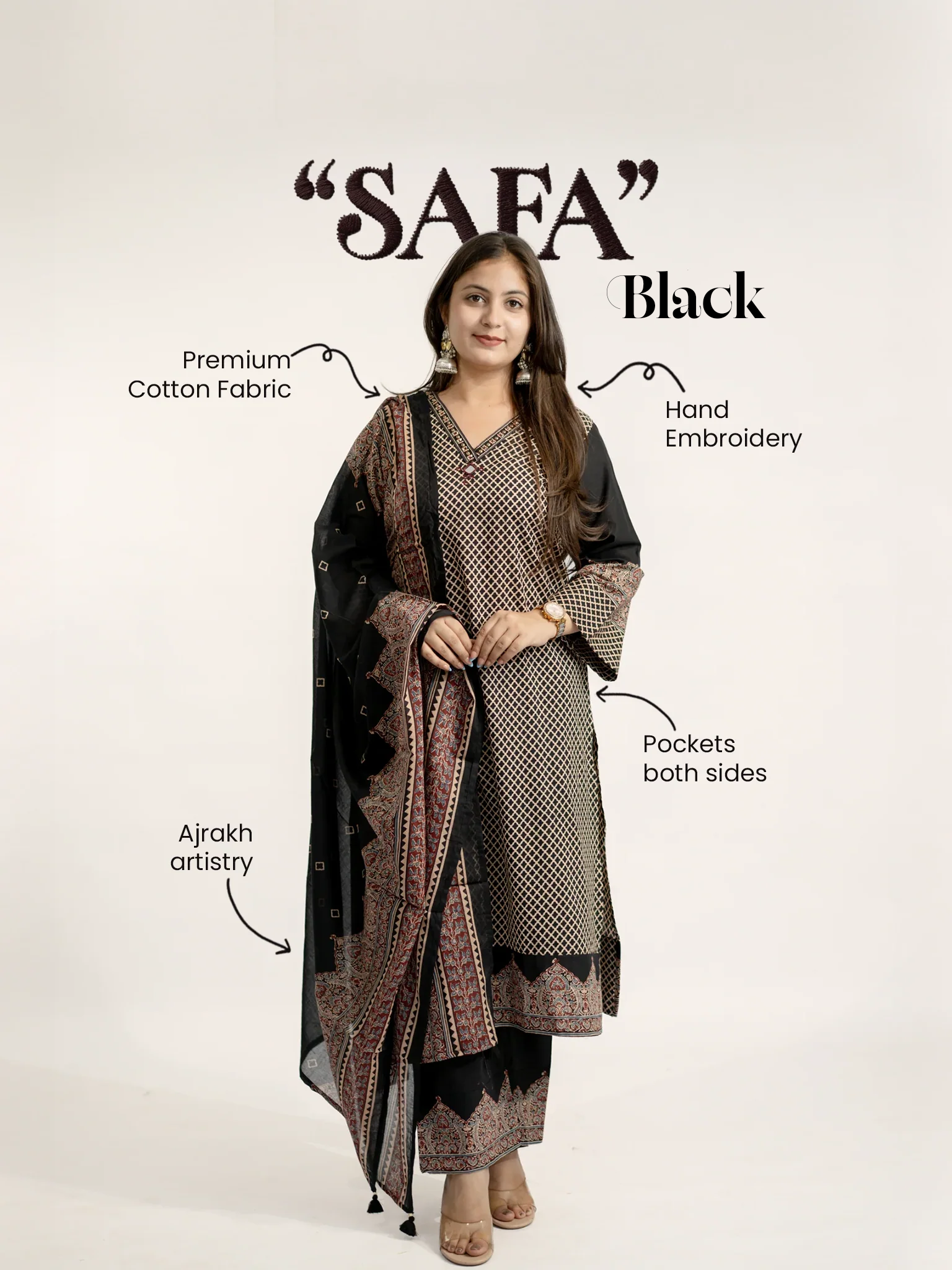 Safa Black Ajrakh Cotton HandEmbroidered Dupatta Set