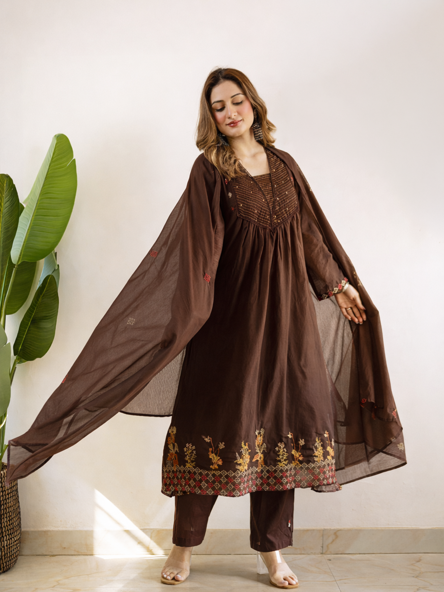 Ayla Brown Kota Doria Embroidered A-line Dupatta Set
