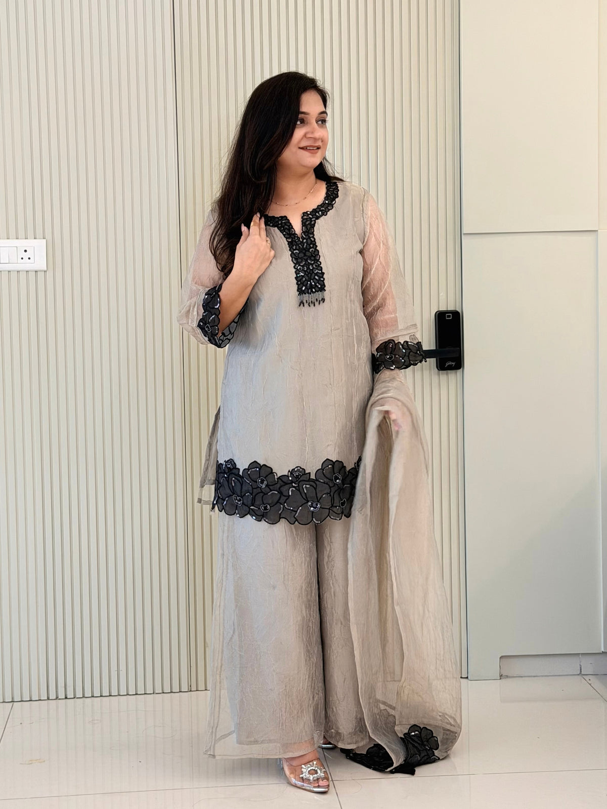 Aayat Grey Shimmer Tissue Applique HandEmbroidered Dupatta Set