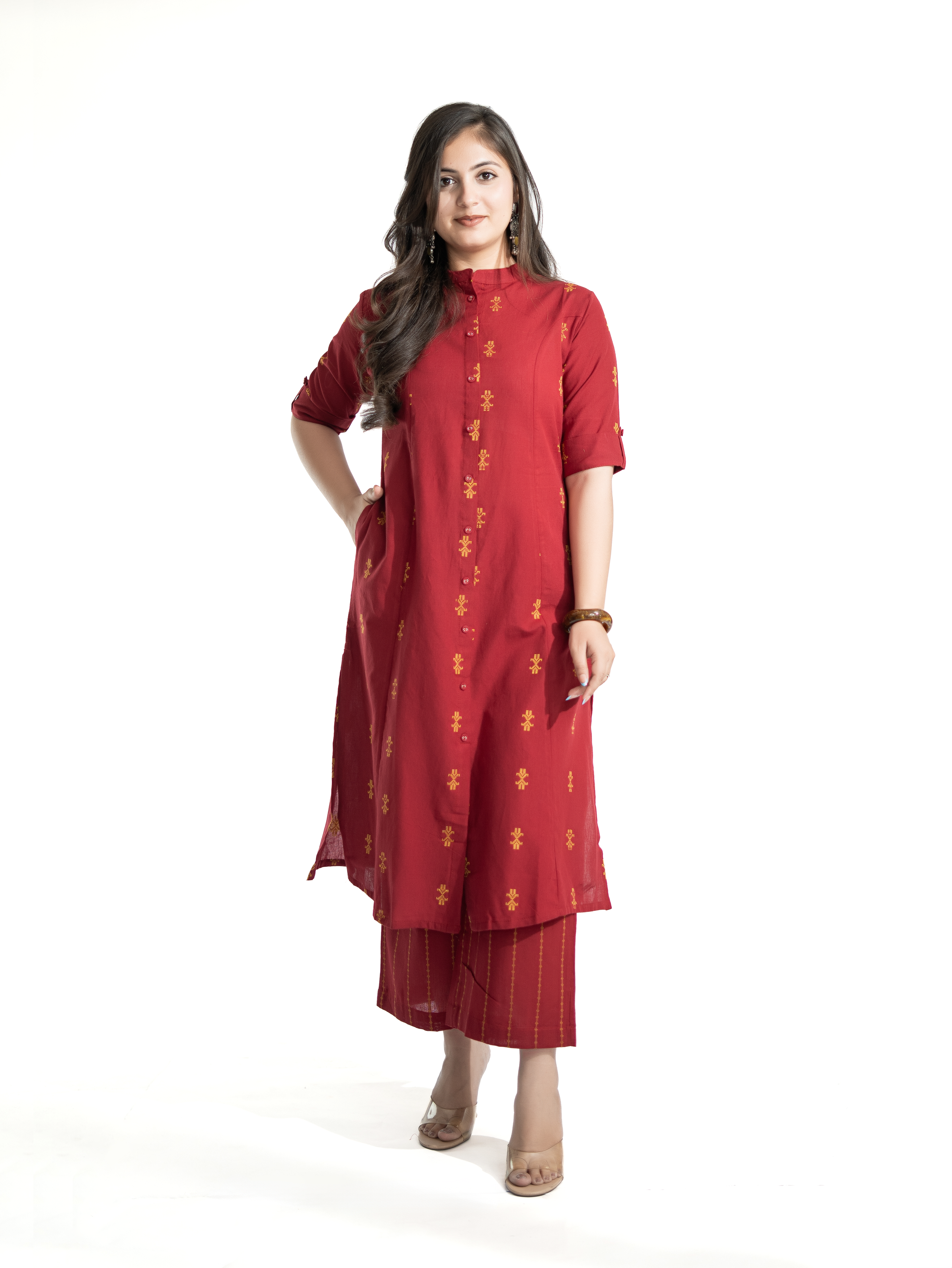Dravya Maroon Handloom Cotton A-line Kurta Set