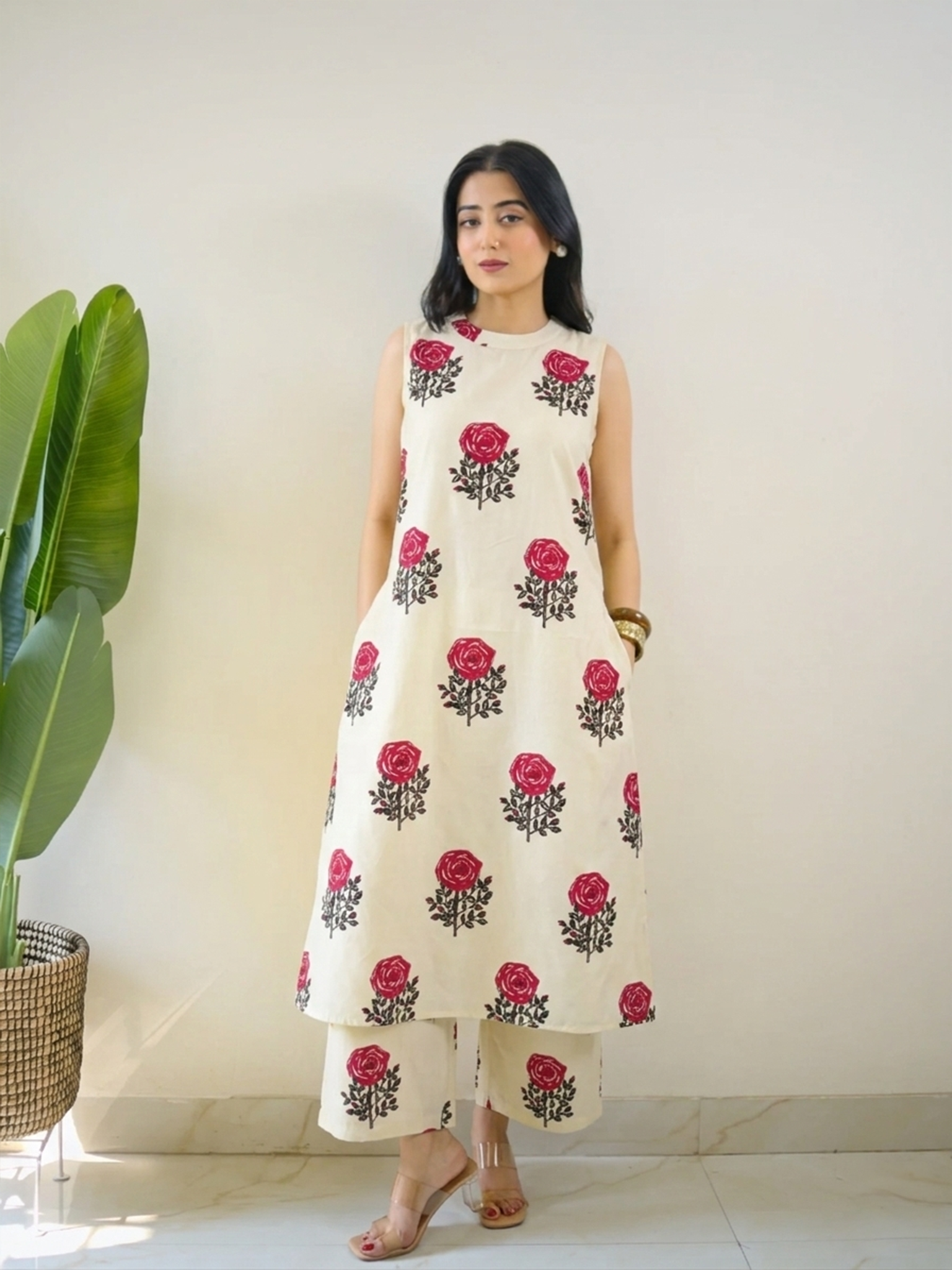 Anya White Floral Rayon A-line Coord Set