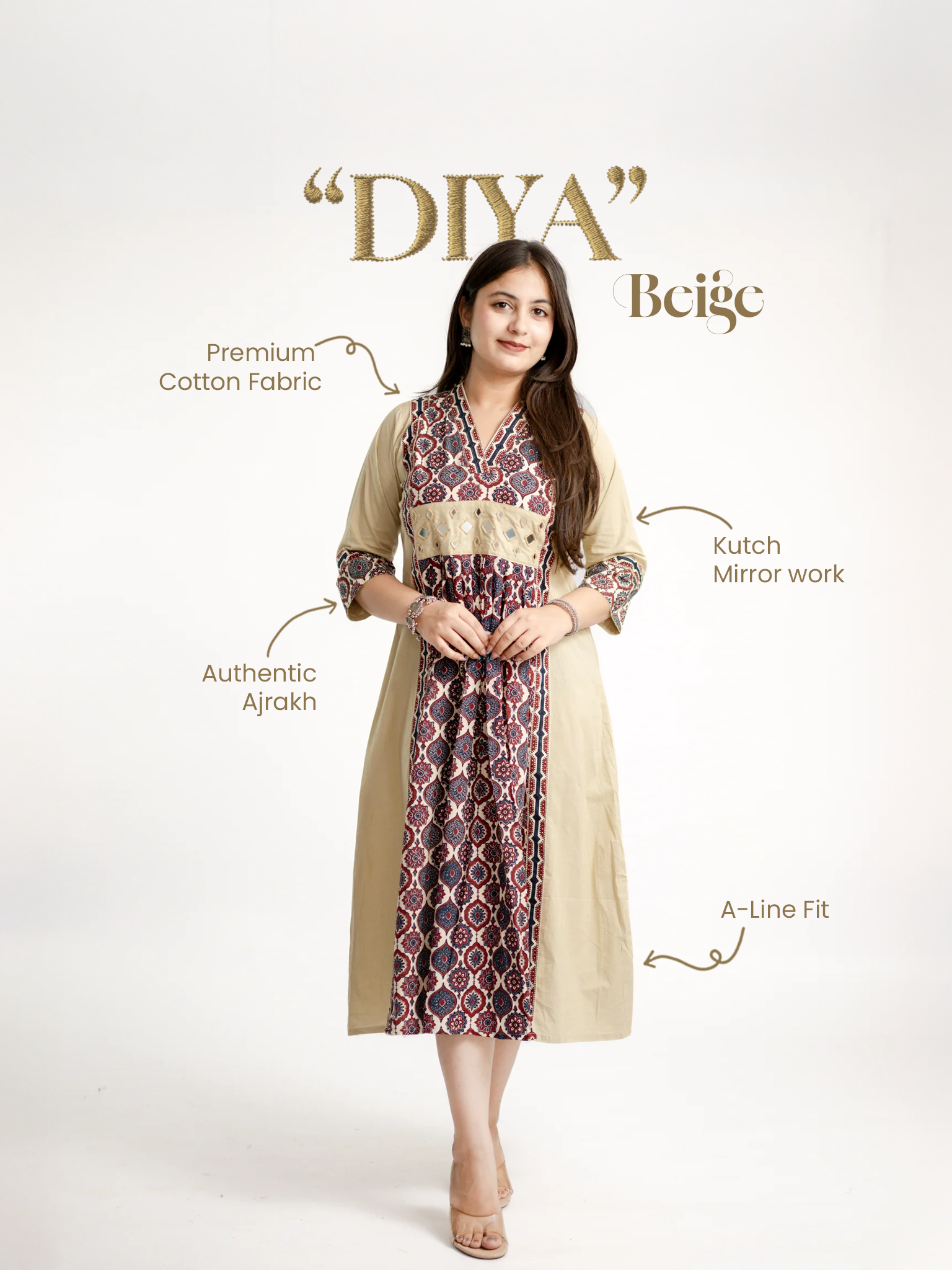 Diya Sand Beige Cotton Ajrakh Kutch Embroidered A-line Kurta