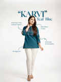 Karvi Teal Blue Cotton Embroidered Short Top