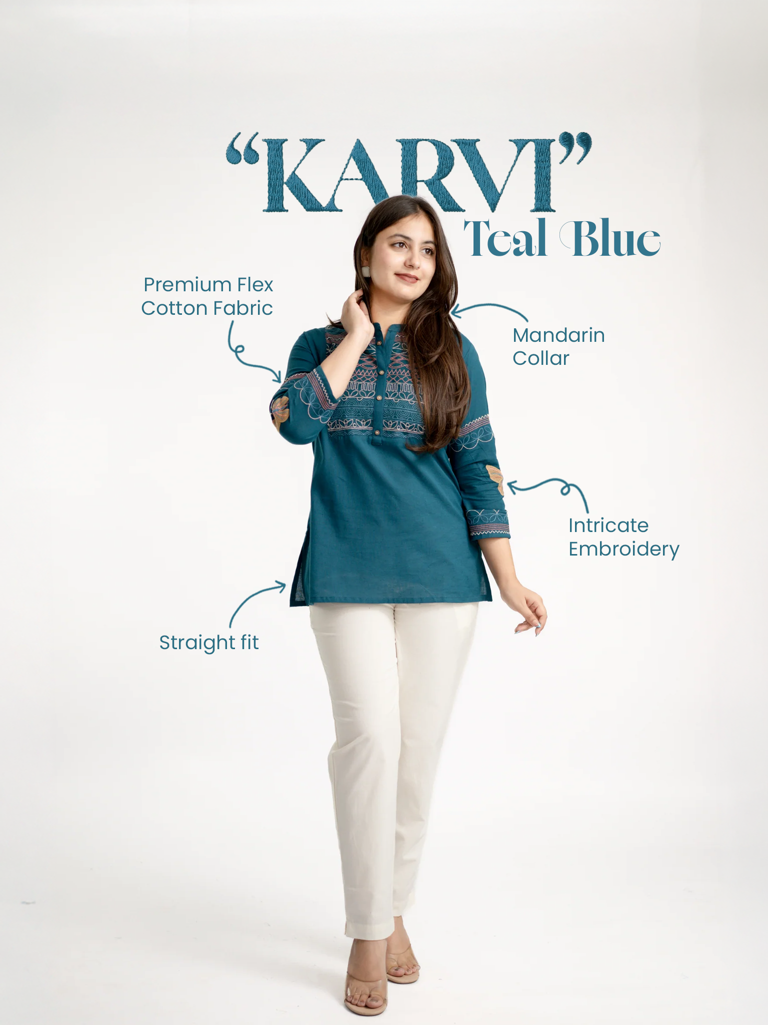 Karvi Teal Blue Cotton Embroidered Short Top