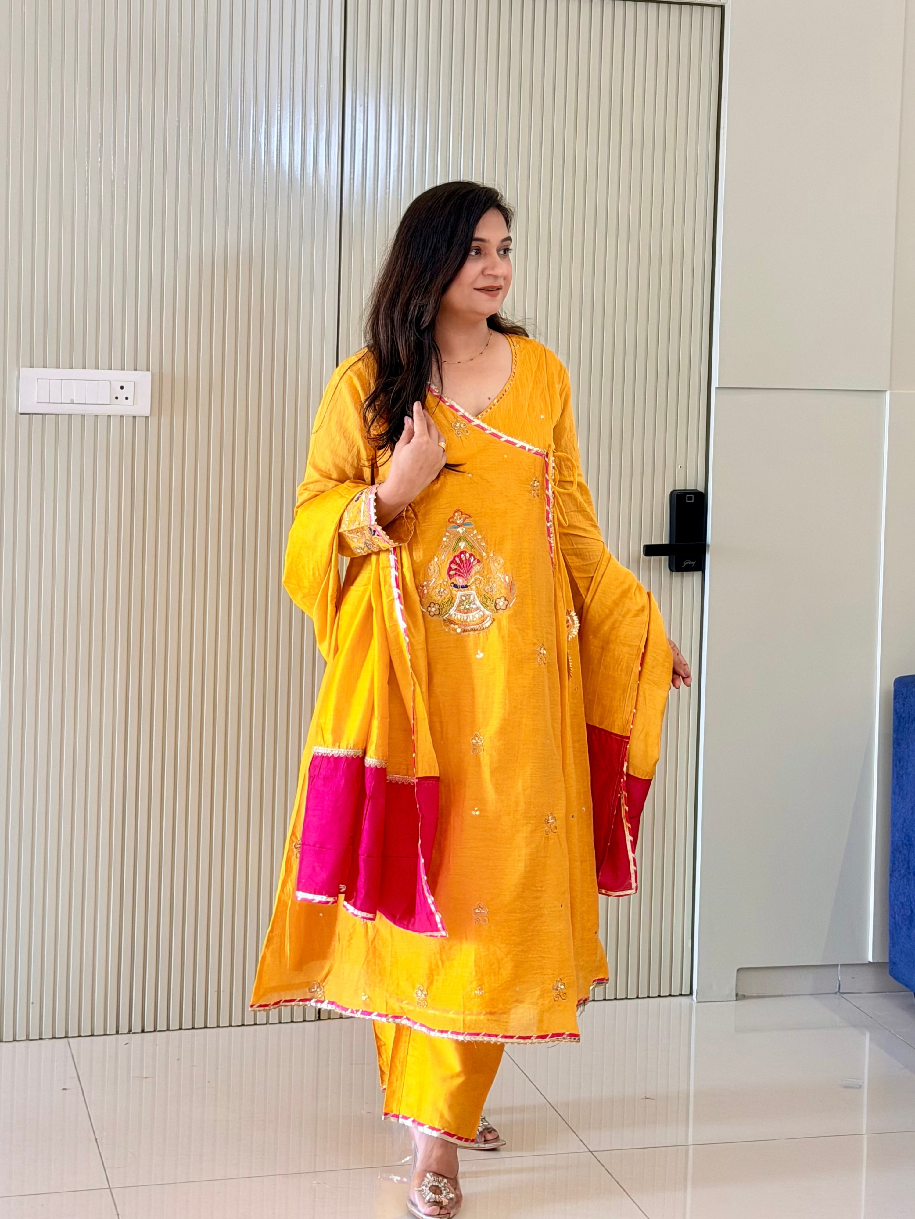 Sonalika Yellow Mul Chanderi Embroidered Angrakha Dupatta Set
