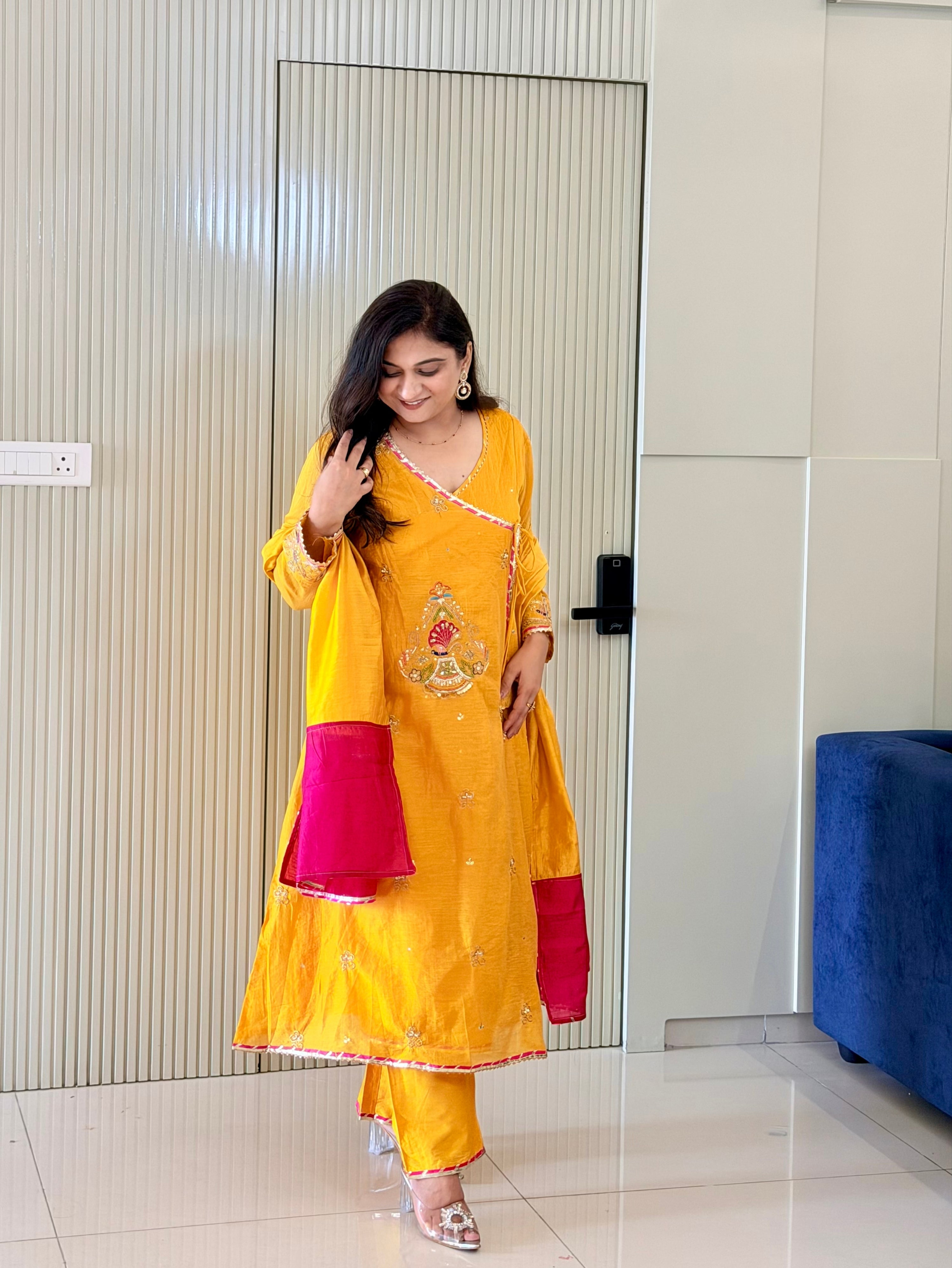 Sonalika Yellow Mul Chanderi Embroidered Angrakha Dupatta Set